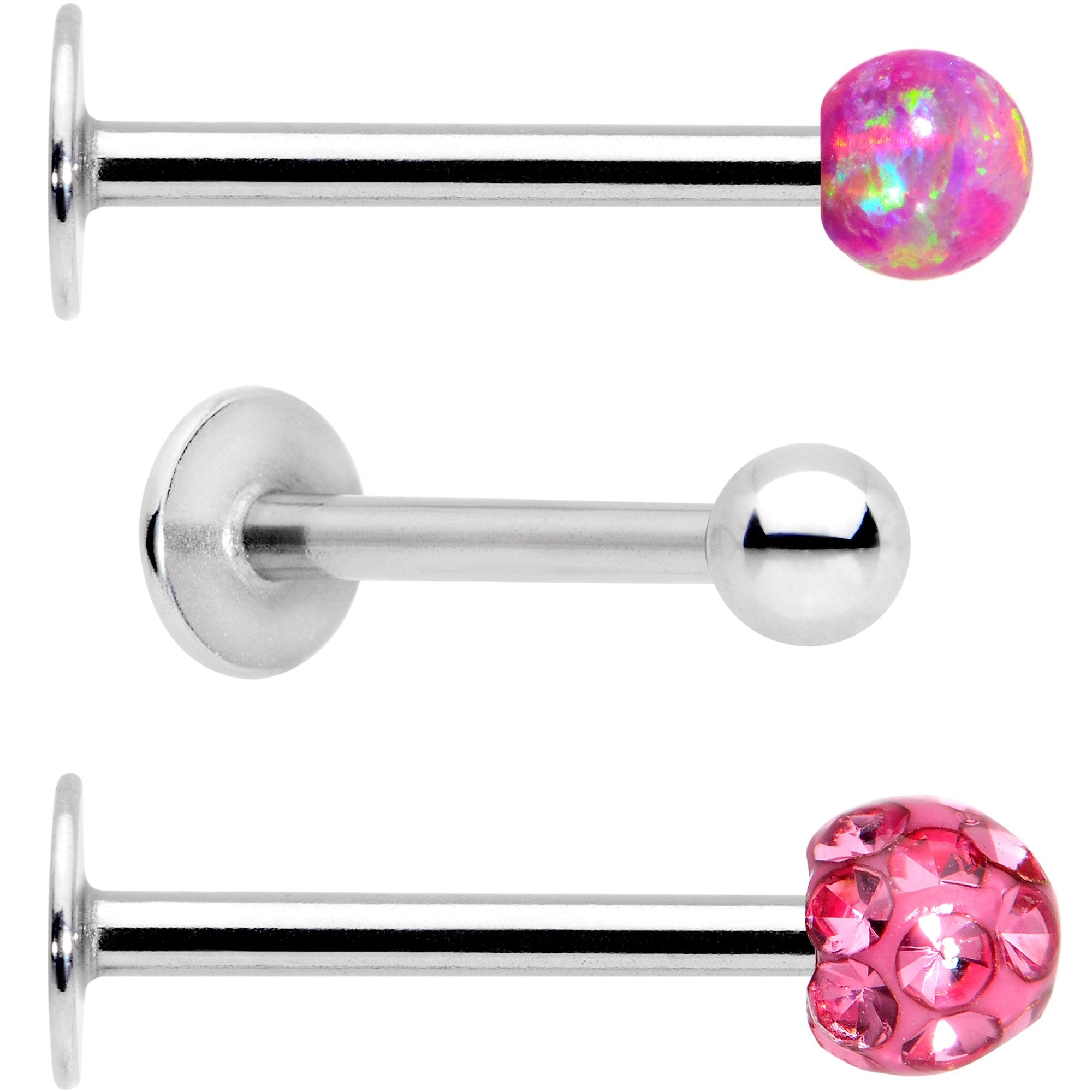 16 Gauge 3/8 Pink Faux Opal Ball Labret Monroe Tragus 3 Pack Set