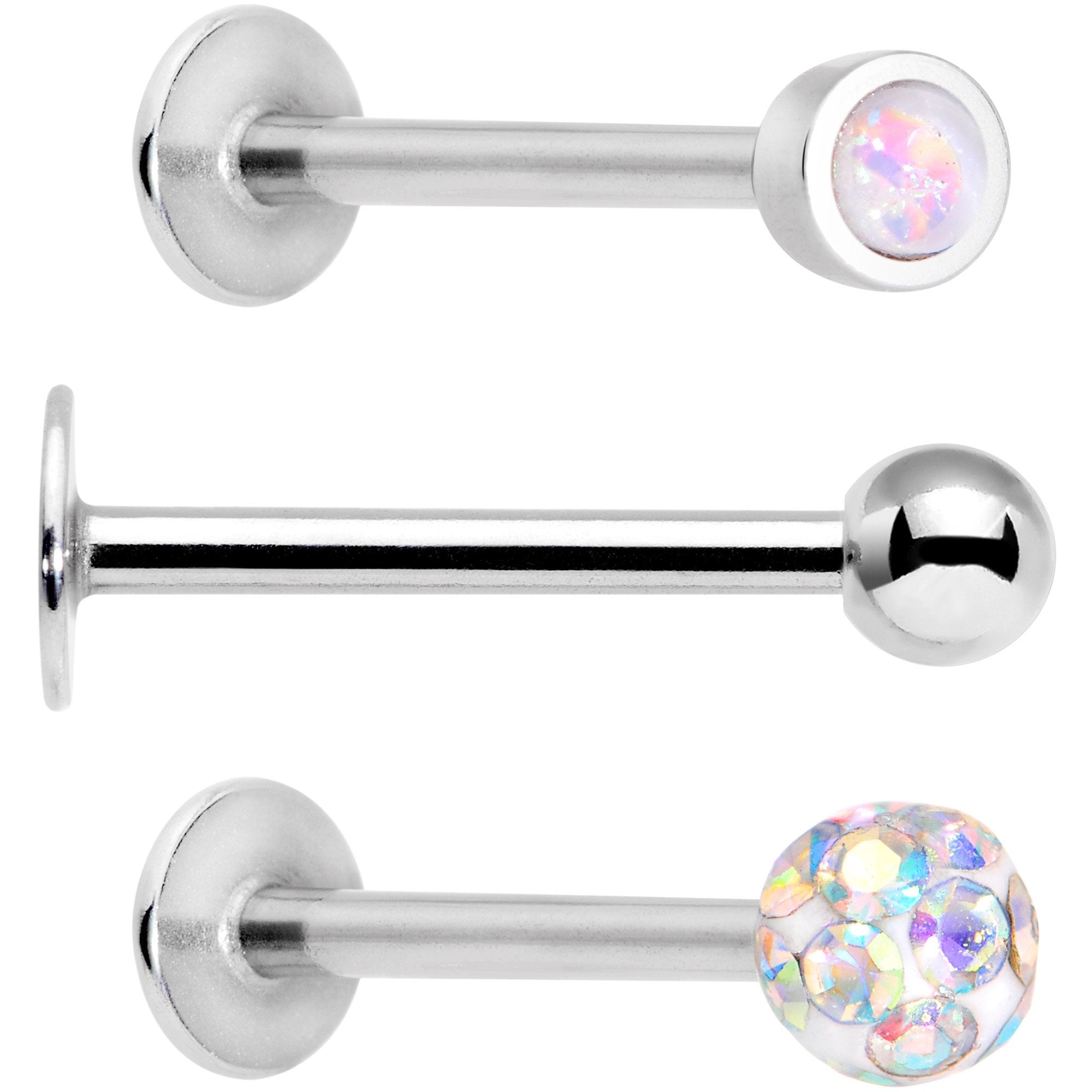 16 Gauge 3/8 Aurora Press Fit Faux Opal Labret Monroe Tragus 3 Pack Set