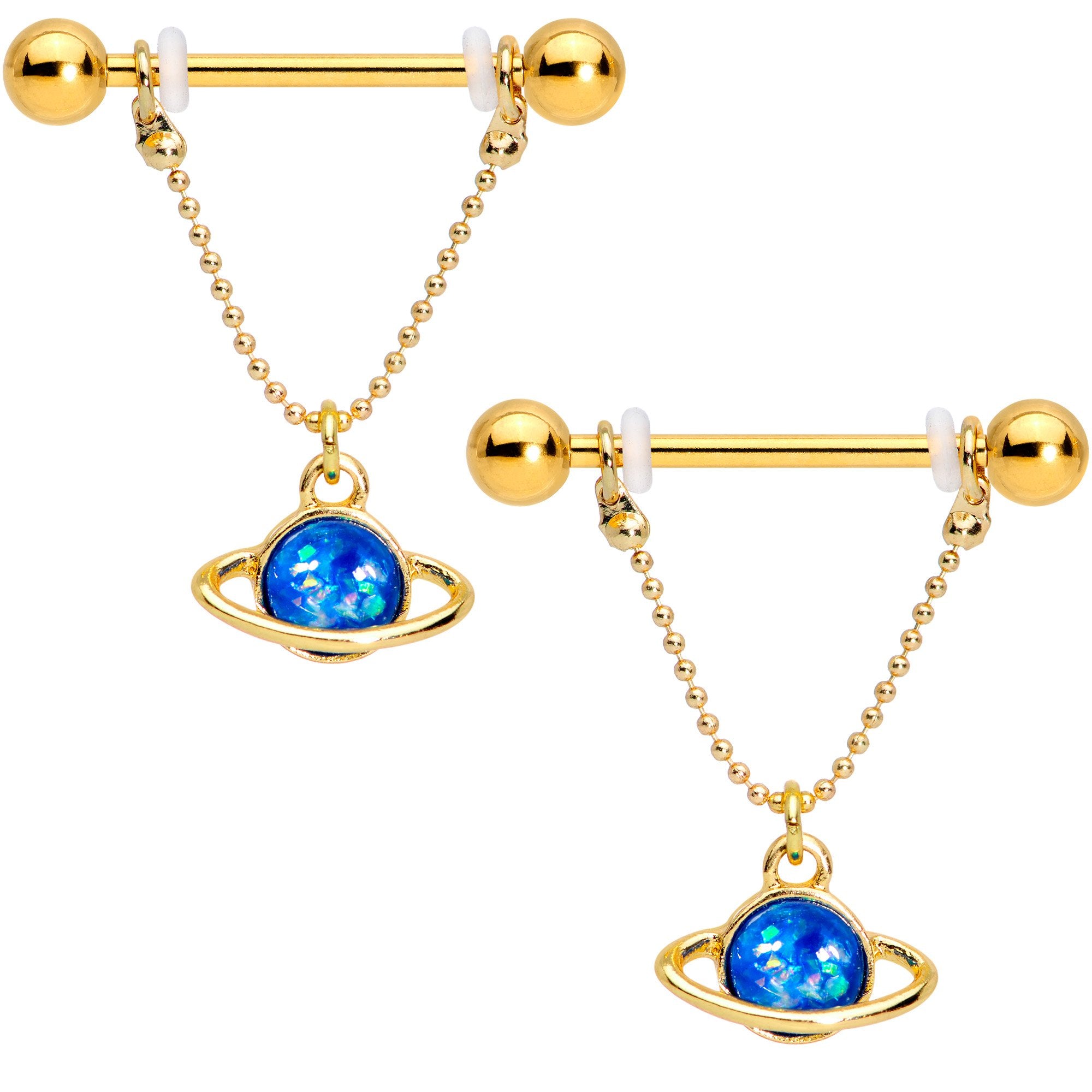 Blue Faux Opal Gold PVD Rings of Saturn Dangle Barbell Nipple Ring Set