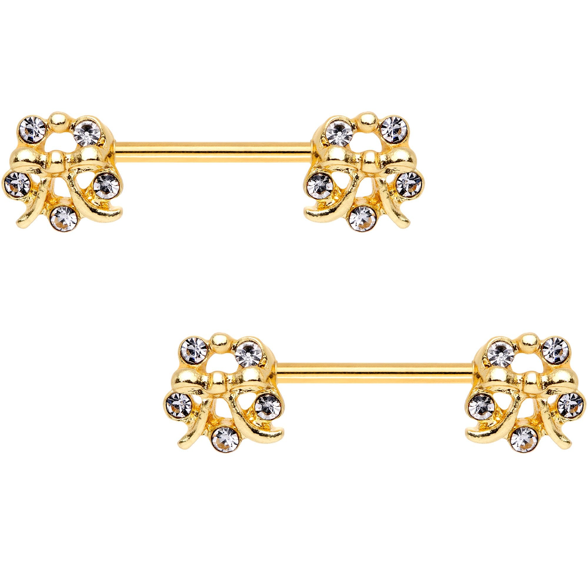 9/16 Clear Gem Gold PVD Halo Pretty Bow Barbell Nipple Ring Set