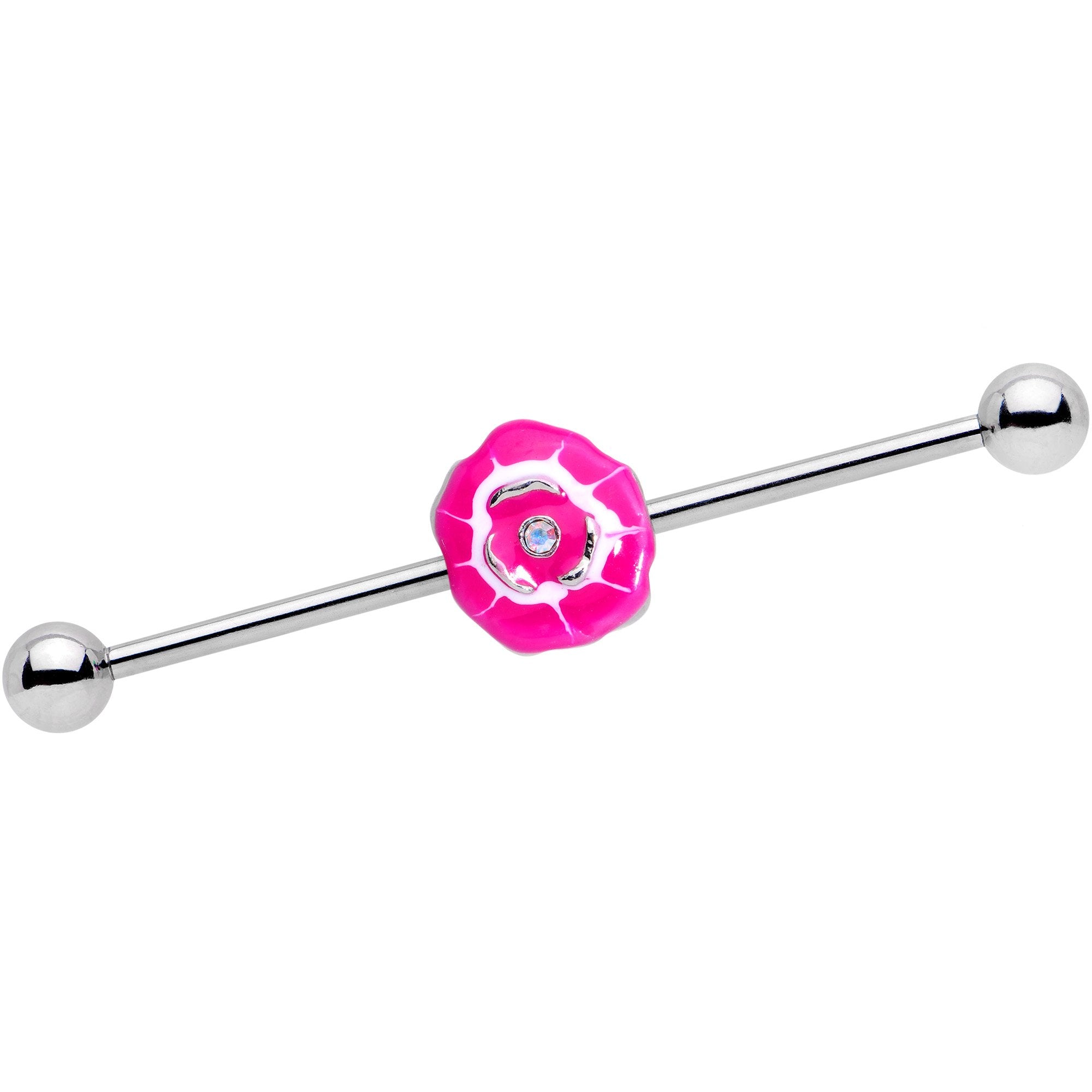 14 Gauge Clear Gem Pink Anemone Flower Industrial Barbell 38mm