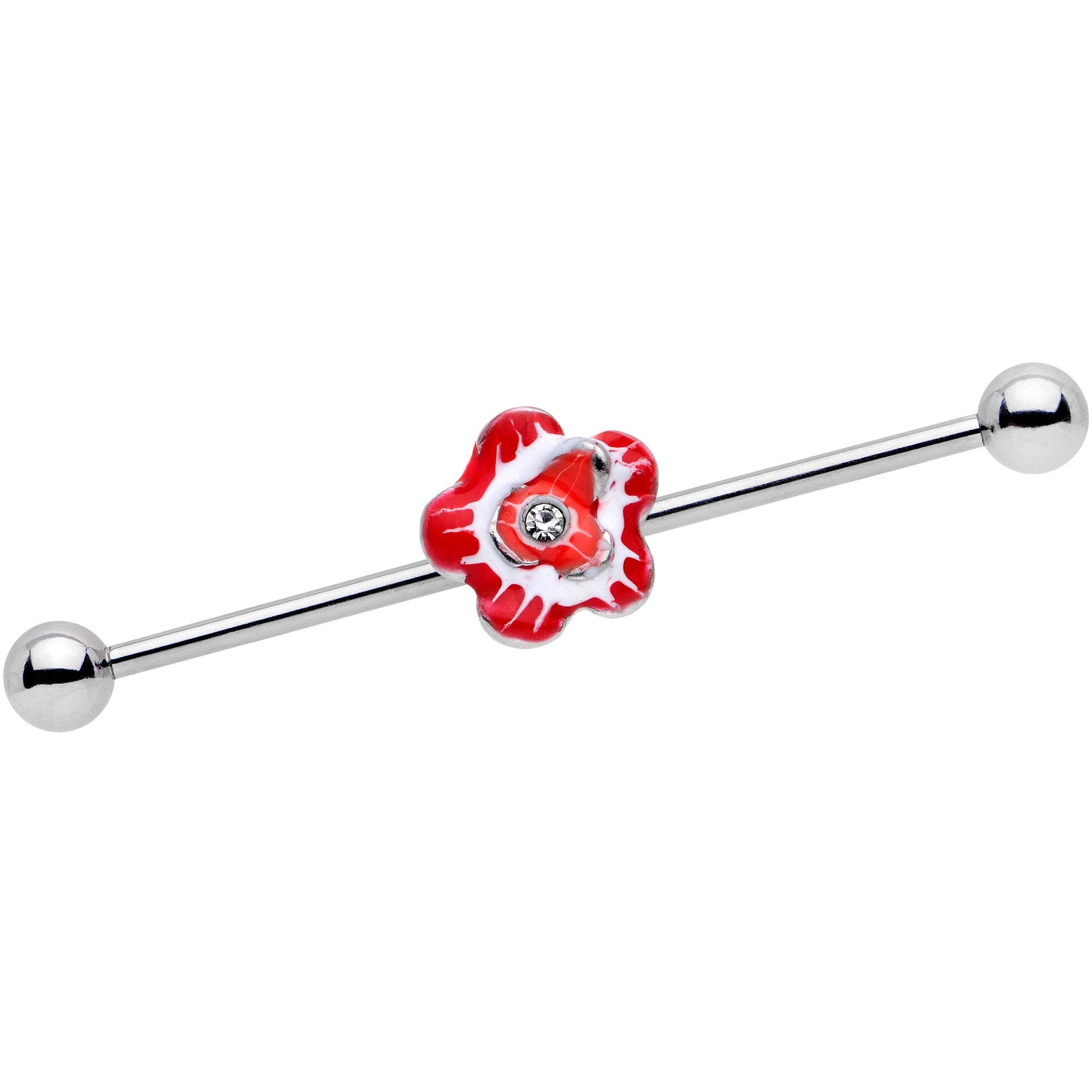 14 Gauge Clear Gem Red Anemone Flower Industrial Barbell 38mm