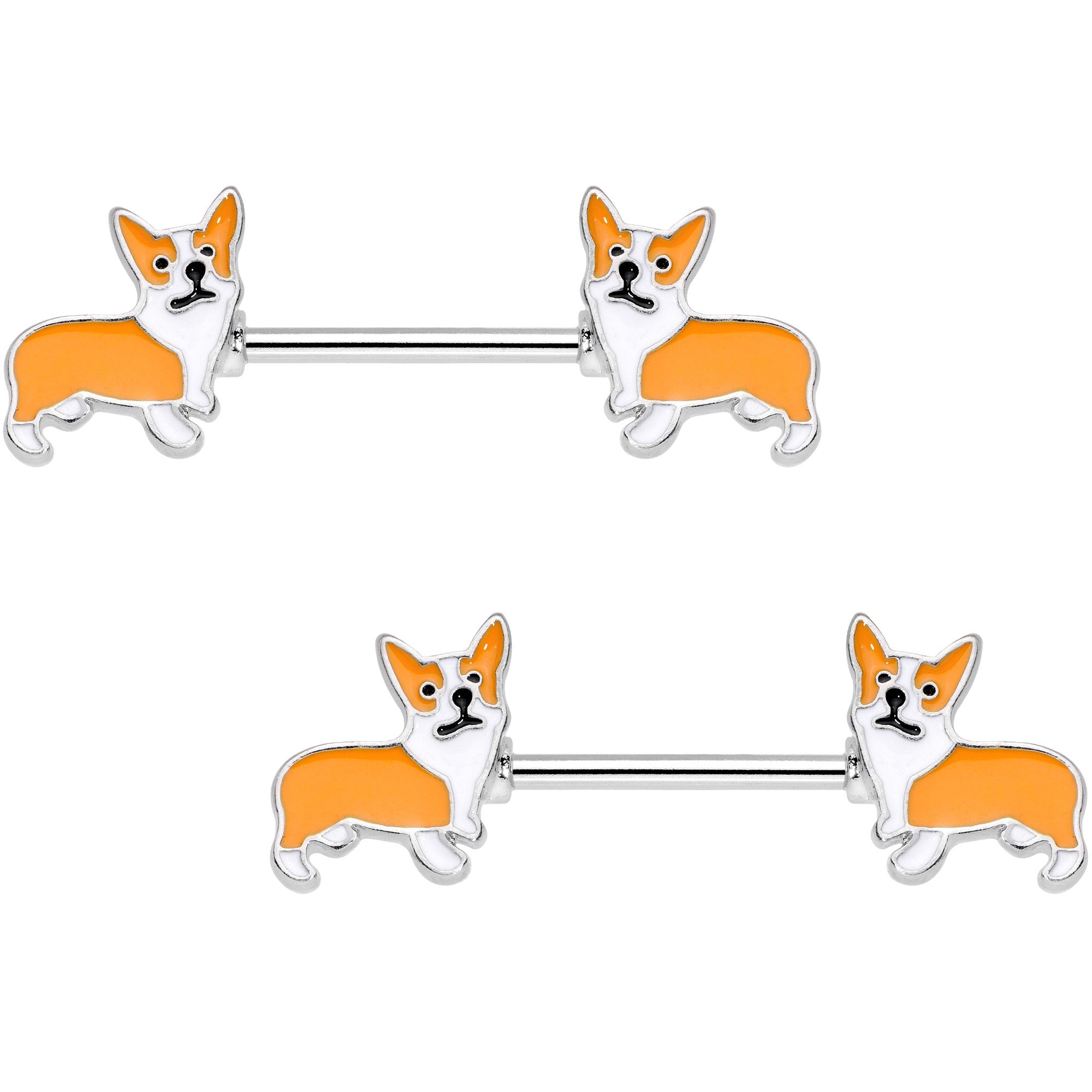 14 Gauge 9/16 Orange Corgi Puppy Dog Barbell Nipple Ring Set