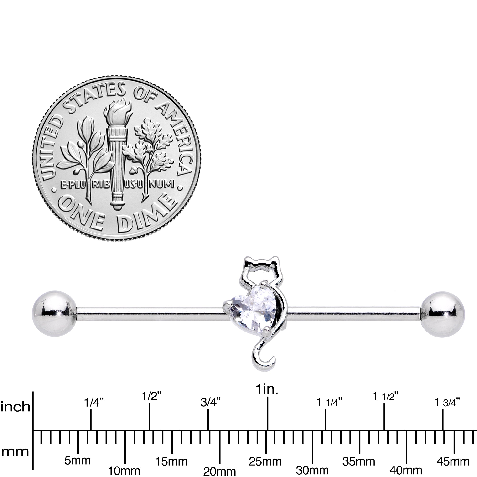 14 Gauge Clear Gem I Heart Kitty Cat Cats Industrial Barbell 38mm