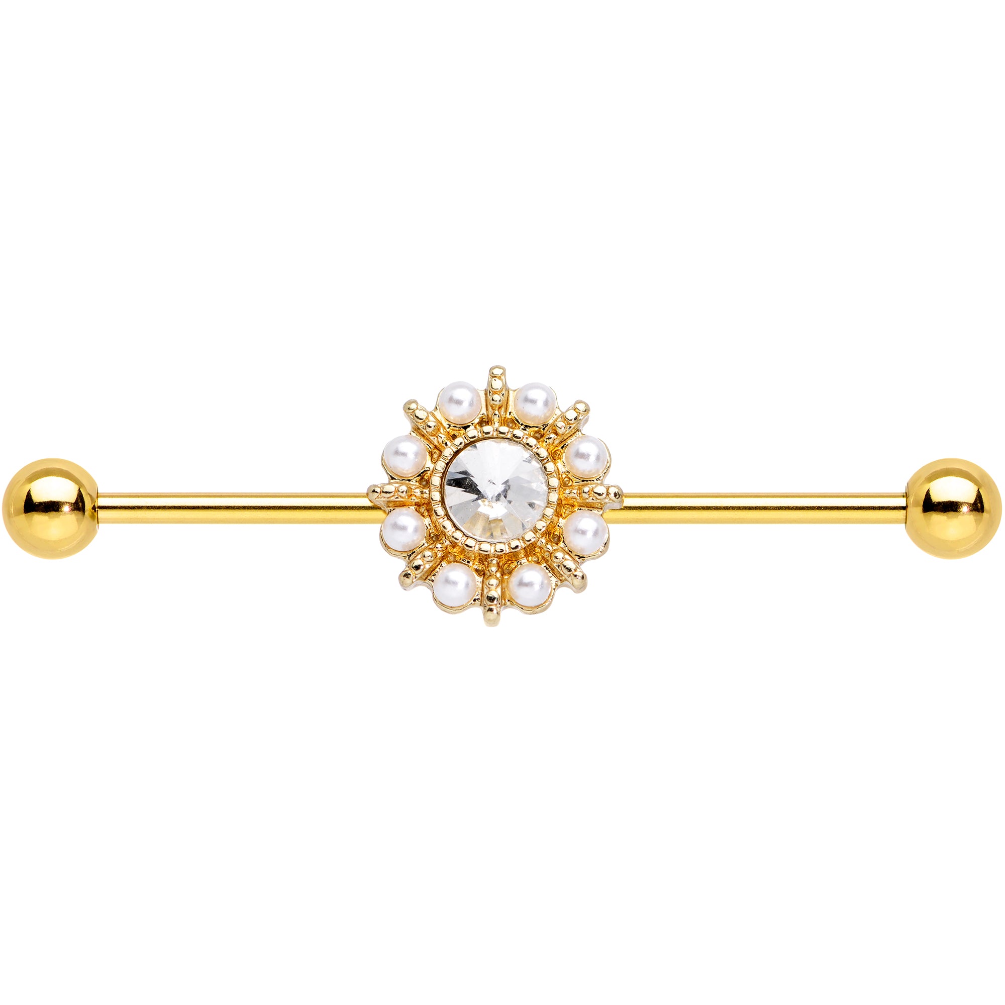 Clear Gem White Orb Gold PVD Sun Wheel Industrial Barbell 38mm