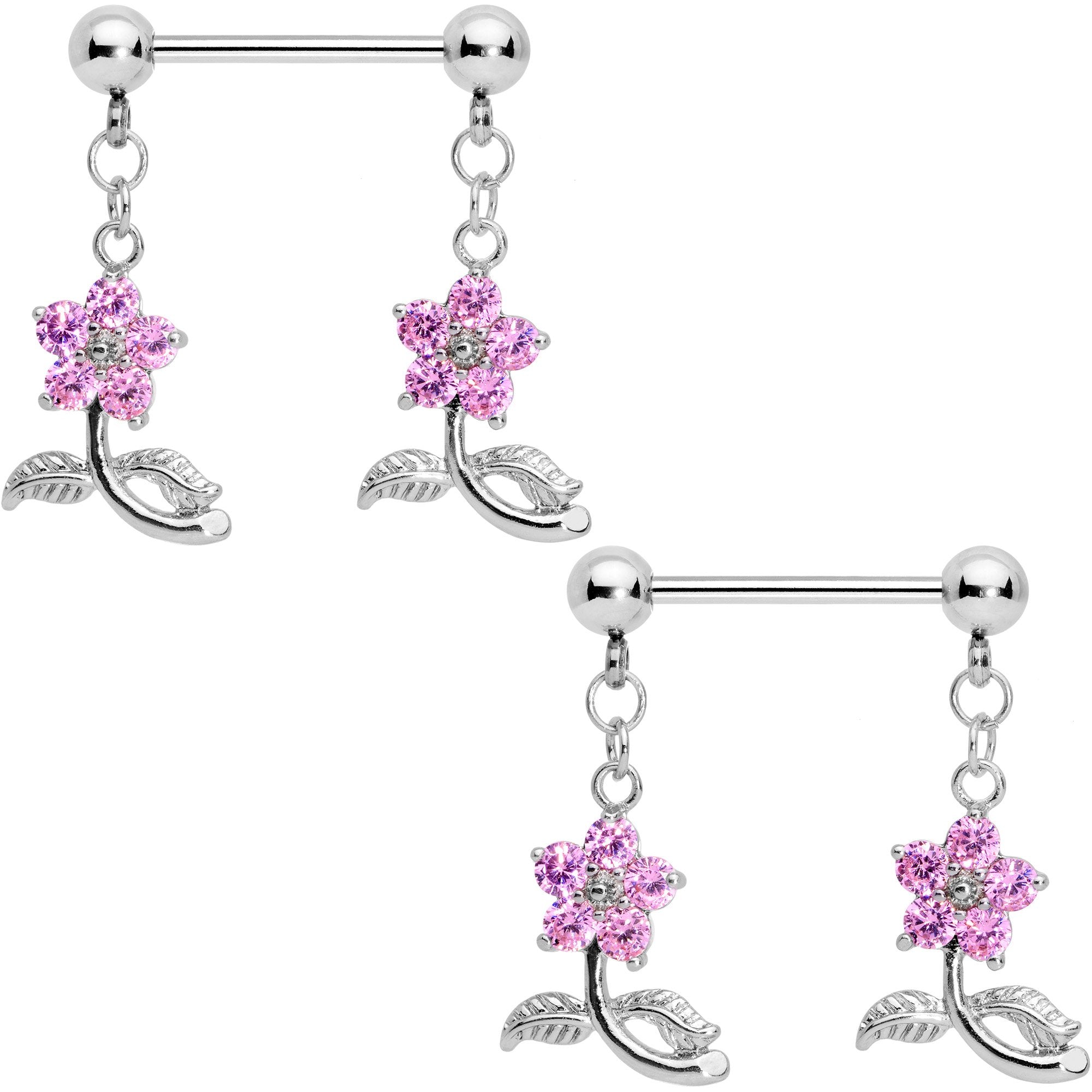 9/16 Pink Clear CZ Gem Stemmed Flower Dangle Barbell Nipple Ring Set