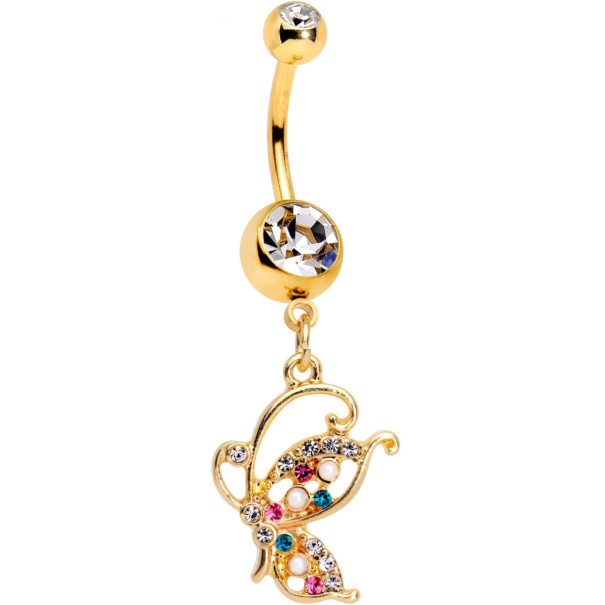 Clear Gem Gold PVD Fluttering Butterfly Dangle Belly Ring