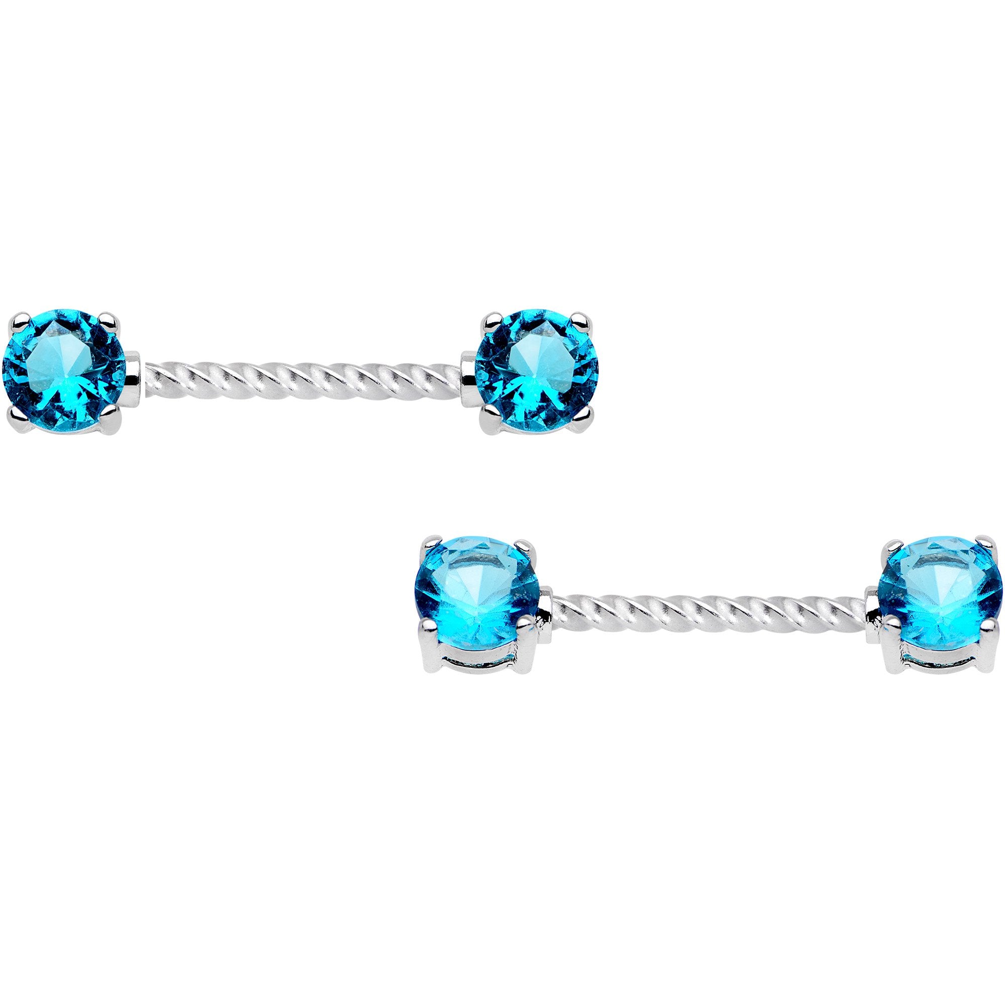 14 Gauge Blue CZ Gem Twisted Captive Ring Barbell Nipple Ring Set