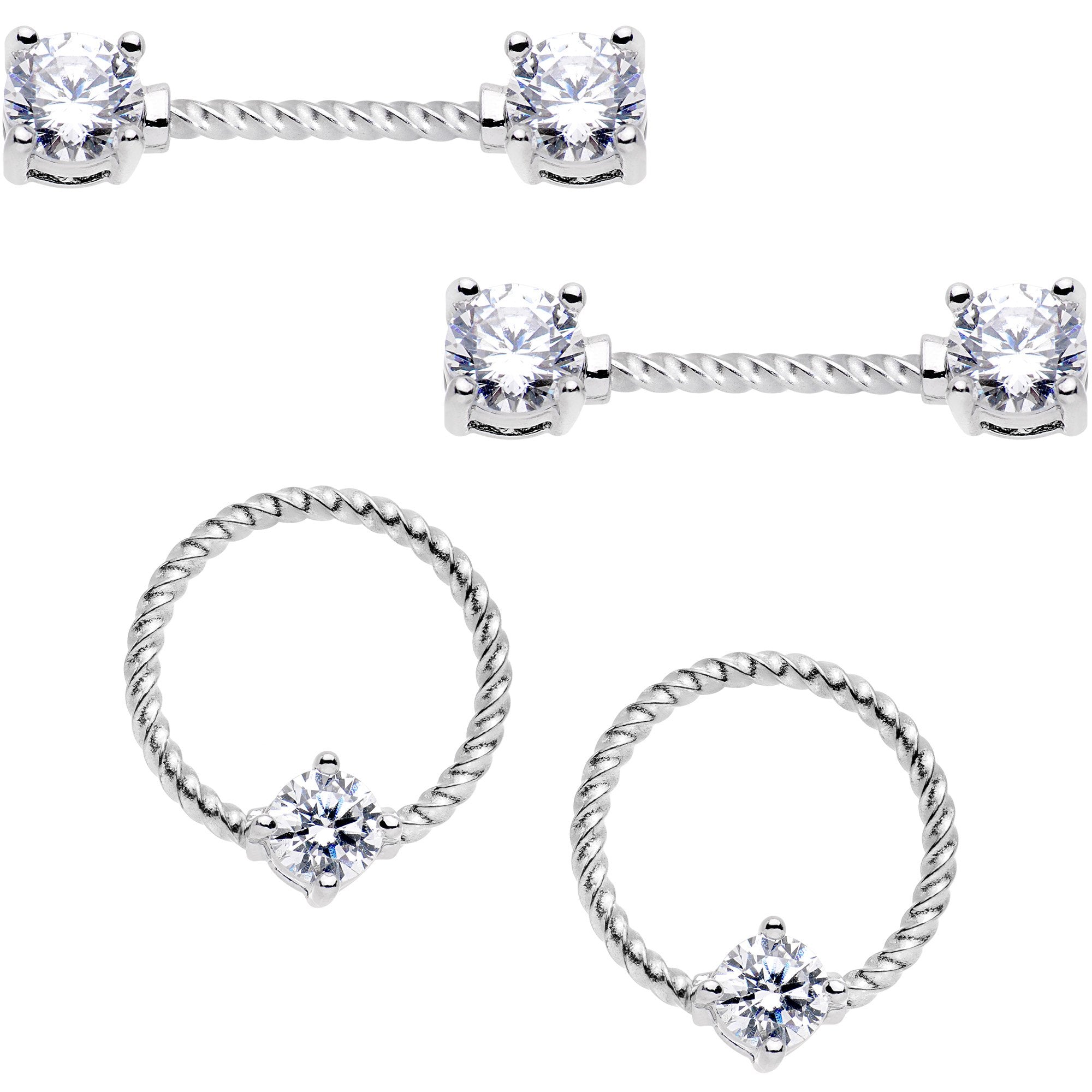 14 Gauge Clear CZ Gem Twisted Captive Ring Barbell Nipple Ring Set