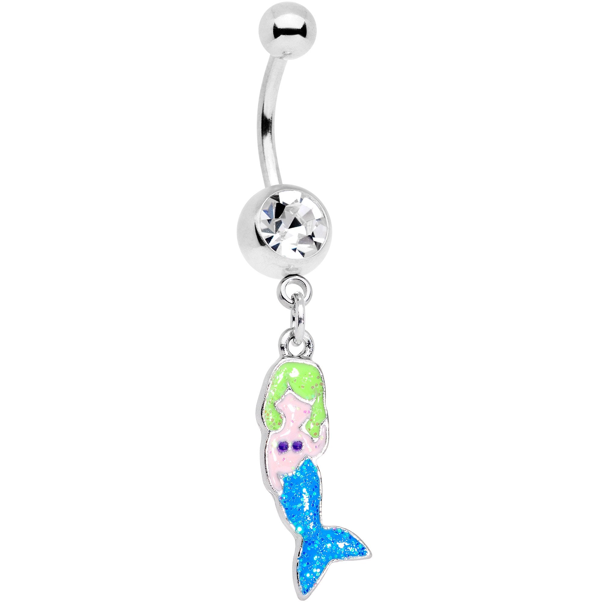 Clear Gem Blue Fin Mermaid Dangle Belly Ring