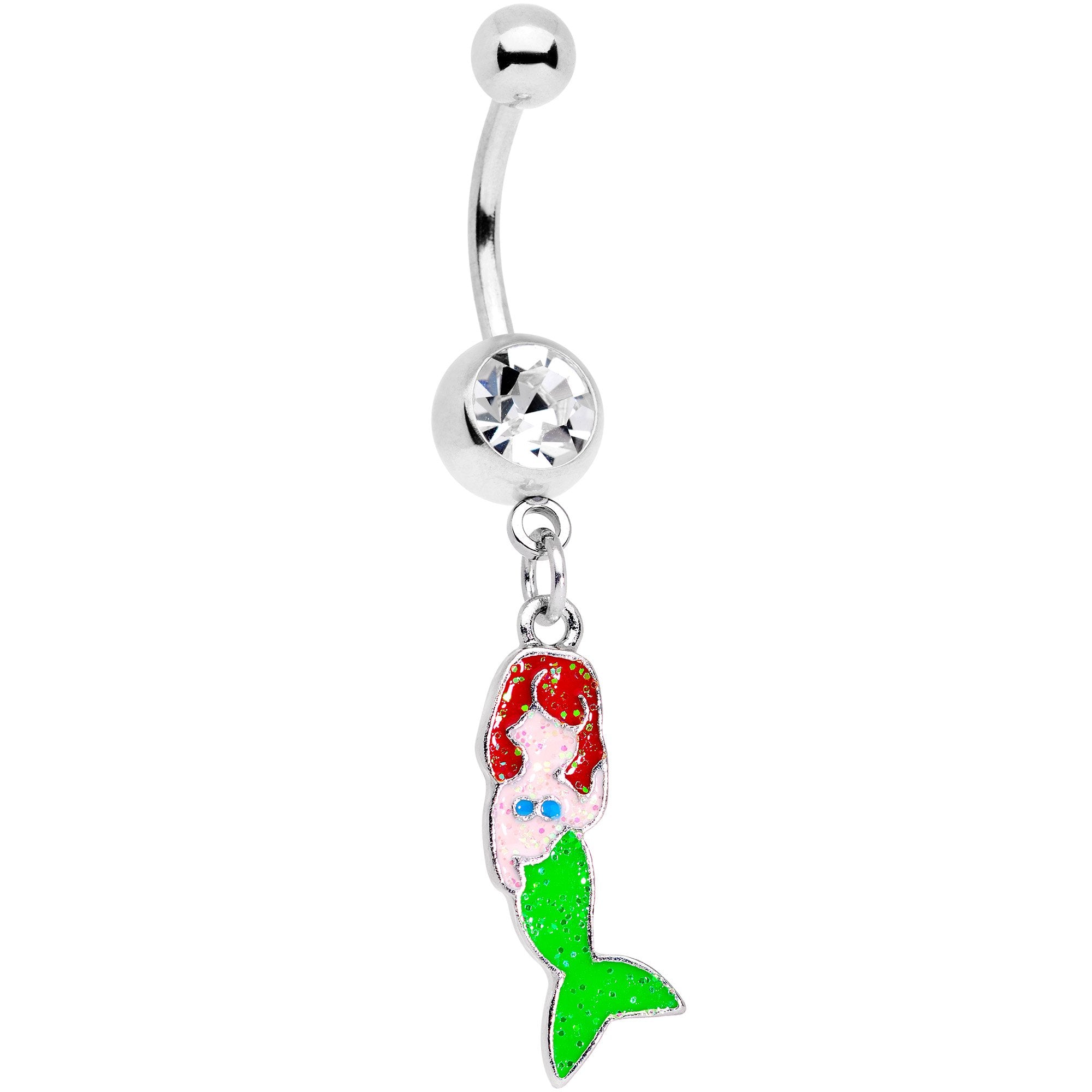 Clear Gem Green Fin Mermaid Dangle Belly Ring