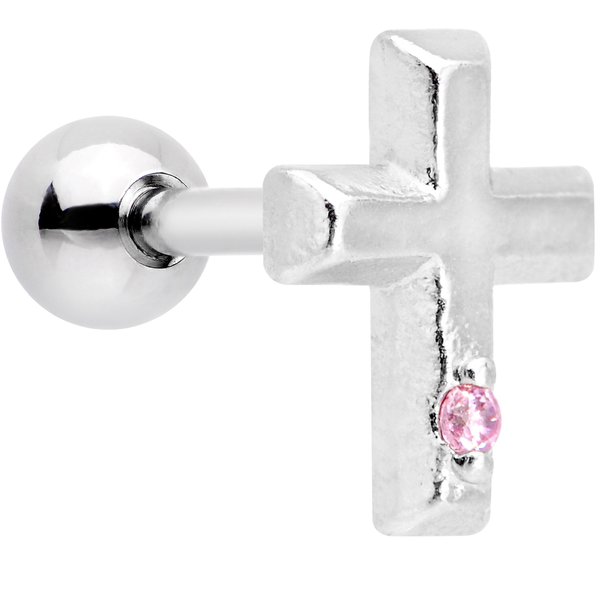 1/4 Pink CZ Gem Embossed Cross Tragus Cartilage Earring