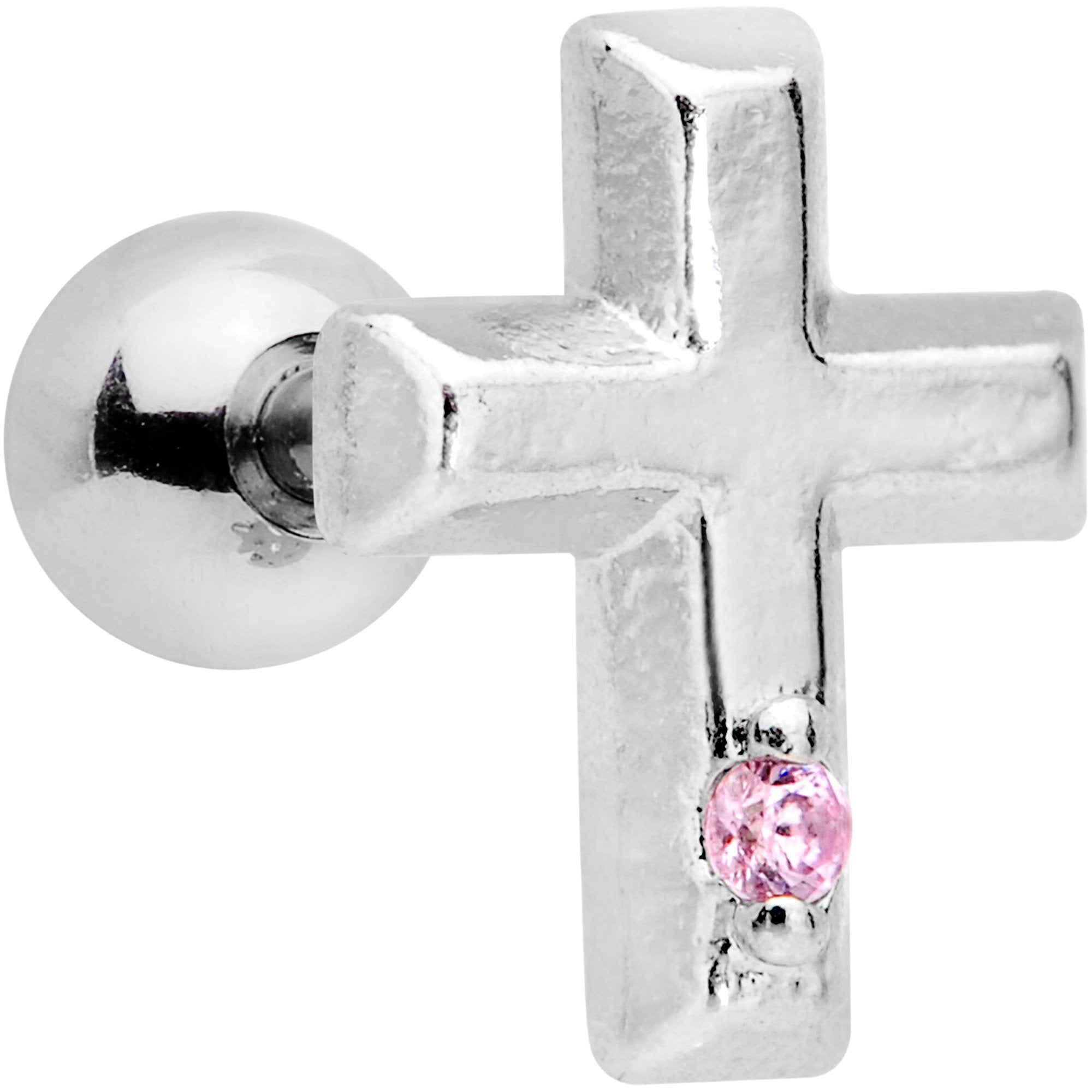 1/4 Pink CZ Gem Embossed Cross Tragus Cartilage Earring