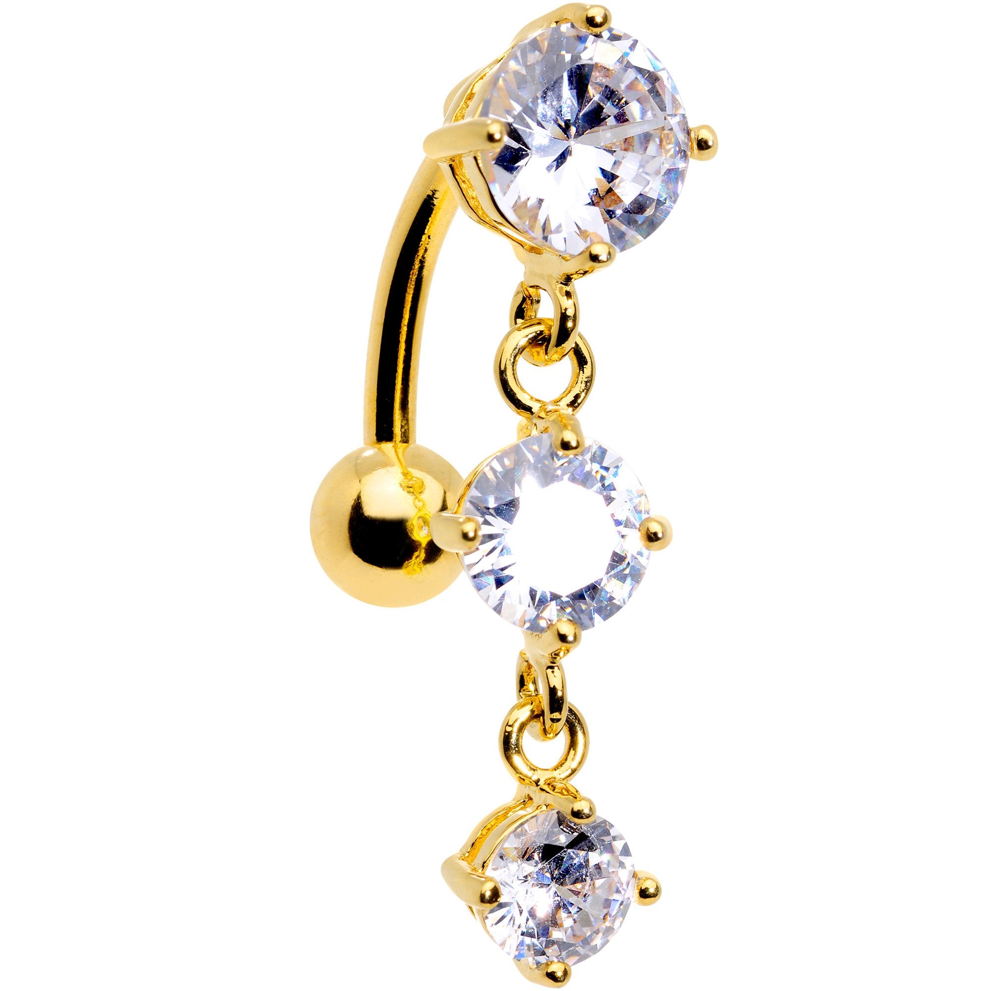 Clear CZ Gem Gold Plated Trio Tier Top Mount Dangle Belly Ring