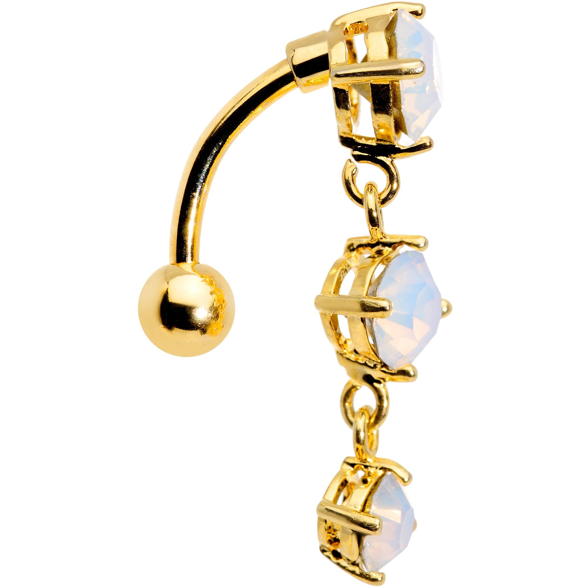 White Faux Opal Gold Plated Trio Tier Top Mount Dangle Belly Ring