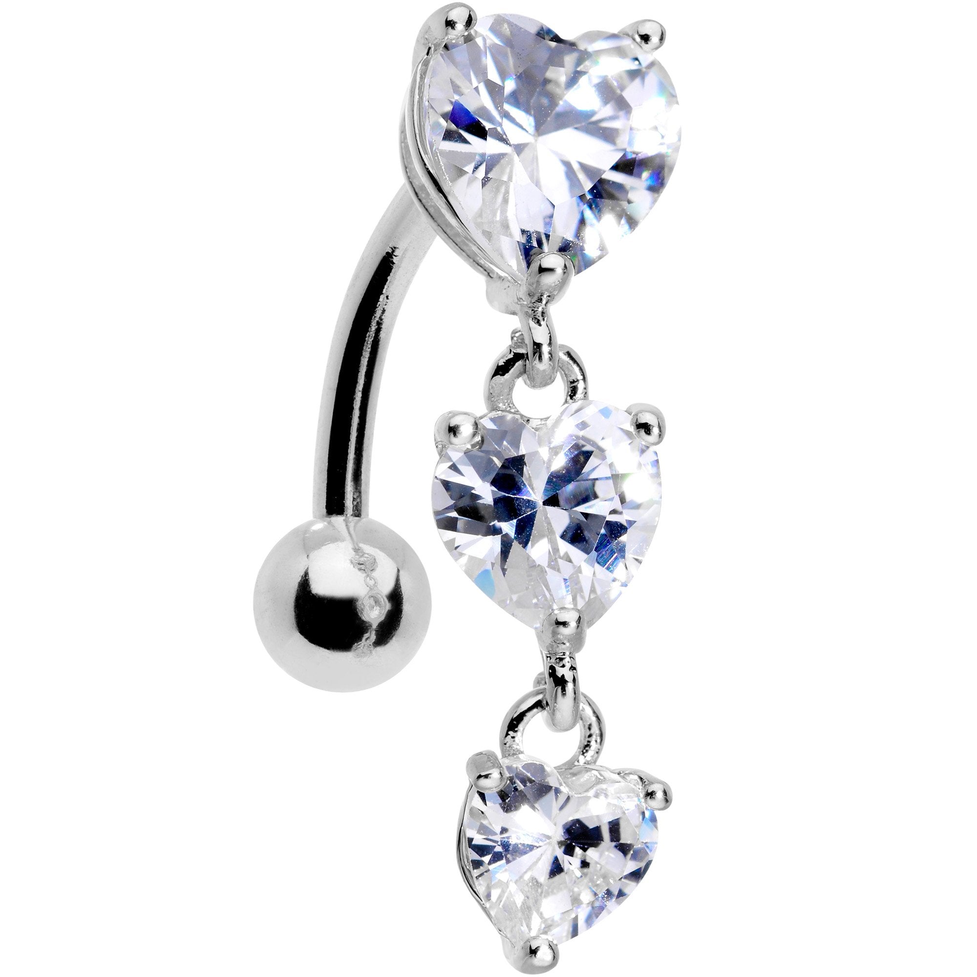 Clear CZ Gem Tri Heart Top Mount Dangle Belly Ring