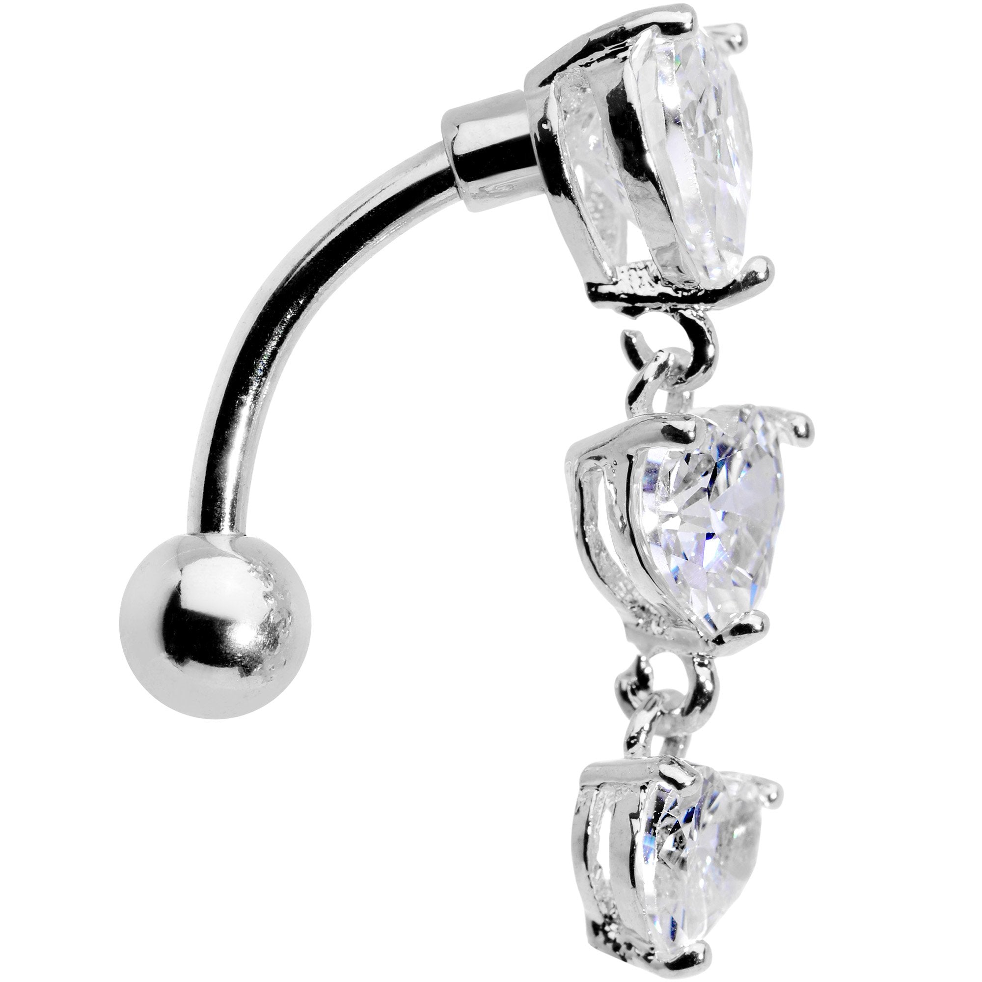 Clear CZ Gem Tri Heart Top Mount Dangle Belly Ring