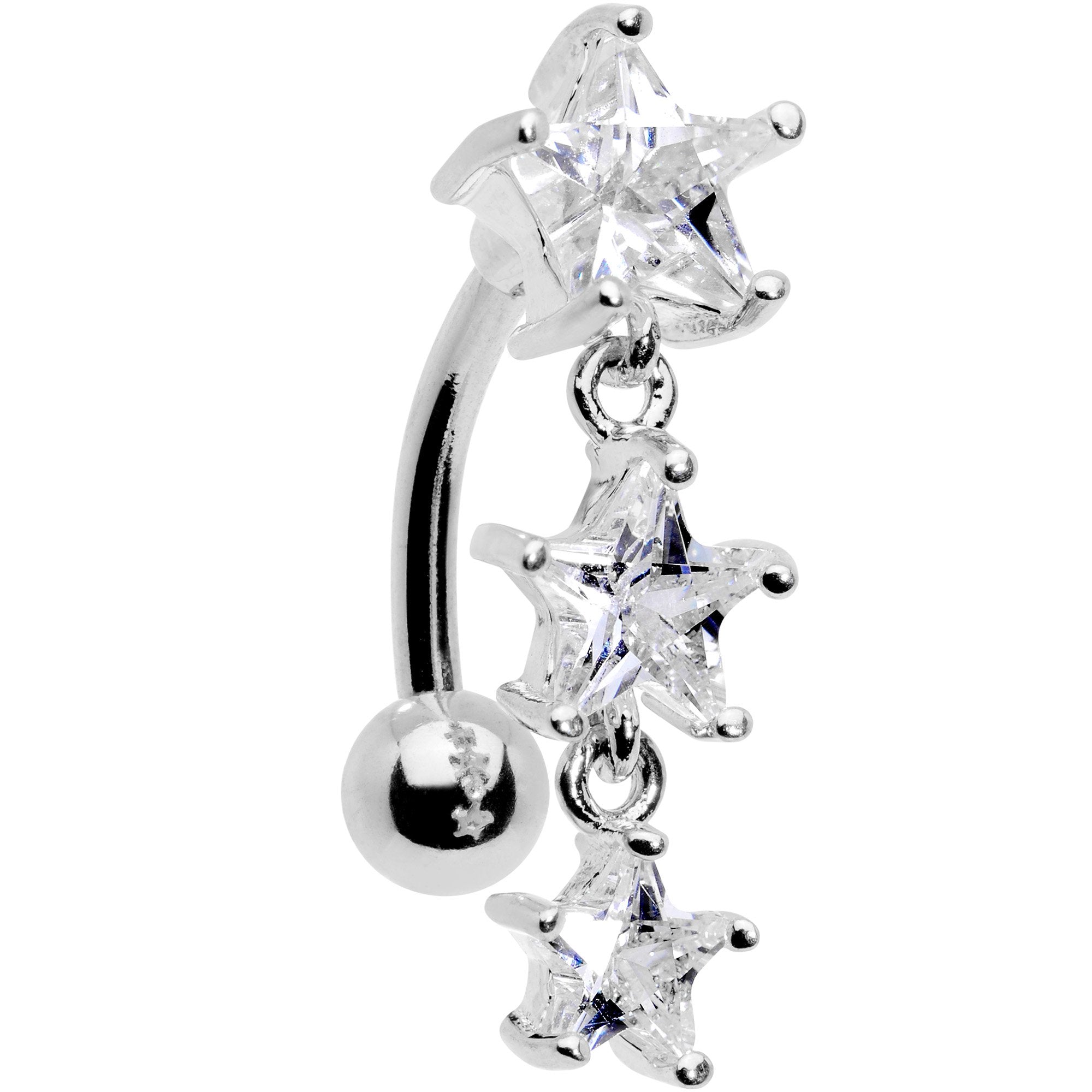 Clear CZ Gem Triple Star Top Mount Dangle Belly Ring