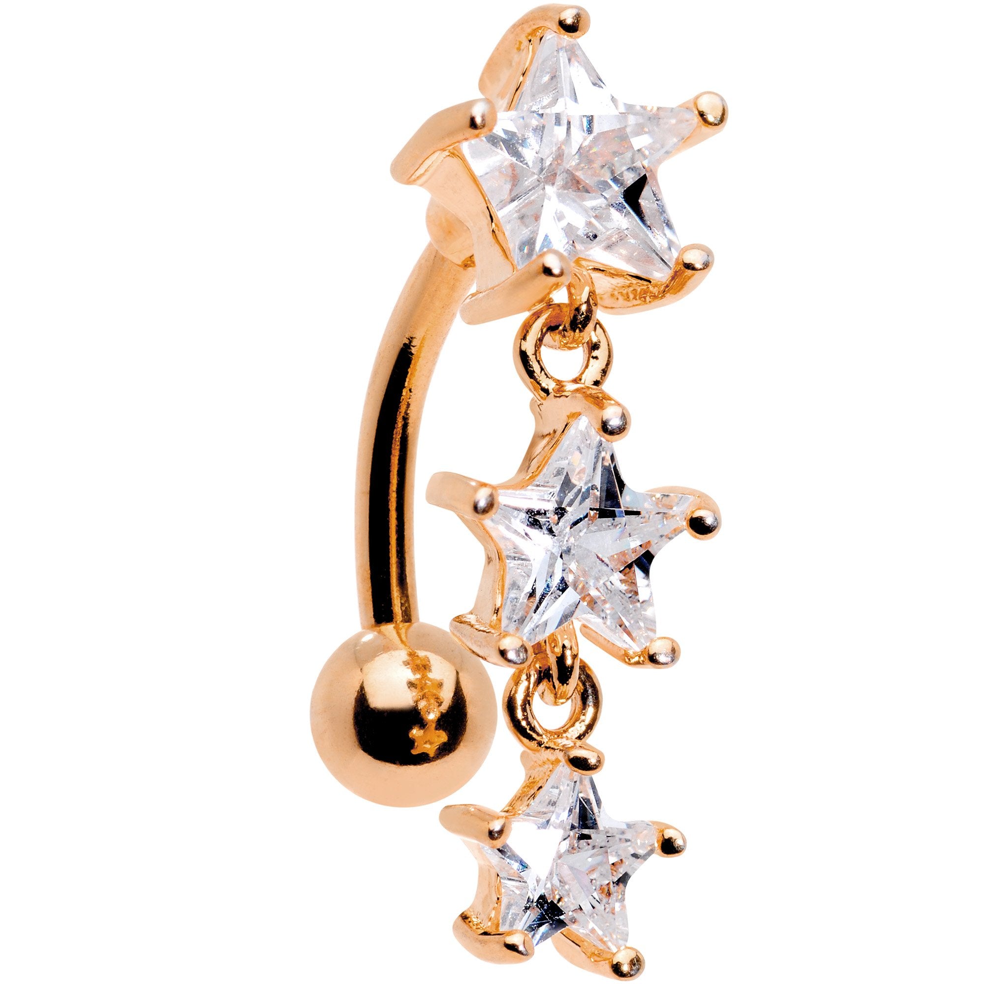 Clear CZ Gem Rose Gold Plated Triple Star Top Mount Dangle Belly Ring