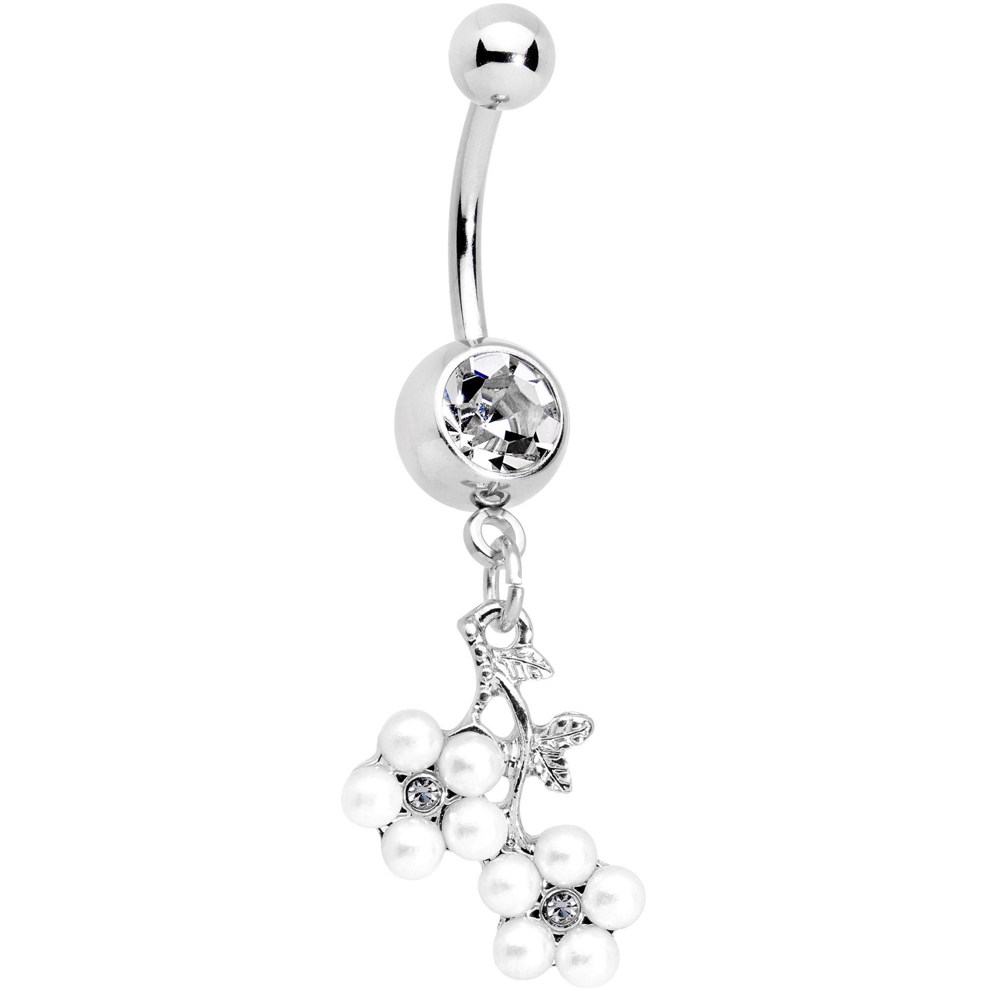 Clear Gem White Bunch of Berries Dangle Belly Ring