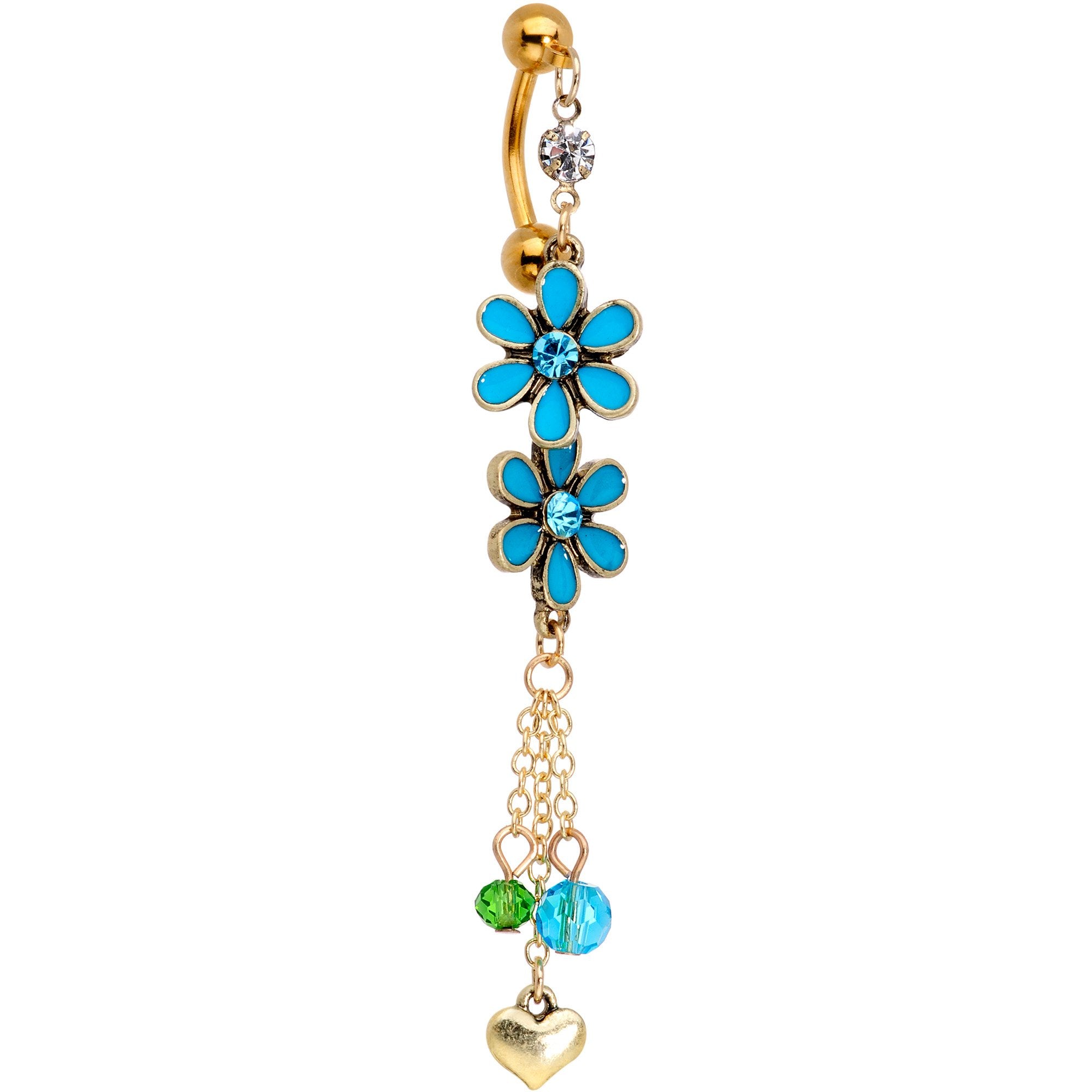 Blue Green Gem Gold PVD Double Daisy Flower Top Mount Dangle Belly Ring