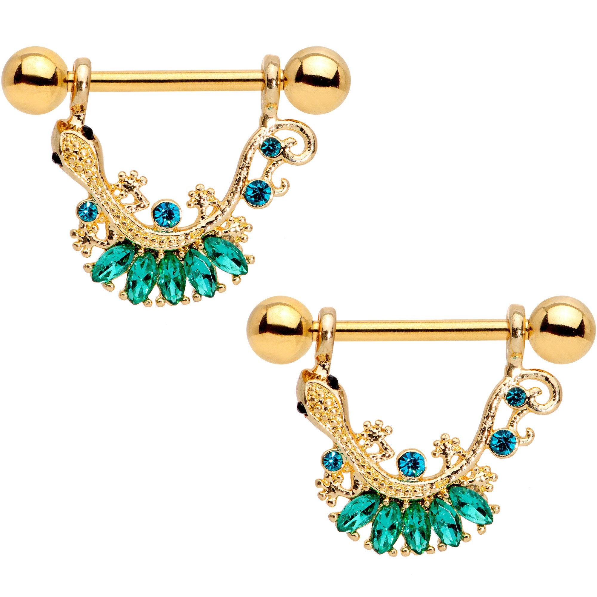 Green Gem Gold PVD Lizard Queen Dangle Barbell Nipple Ring Set