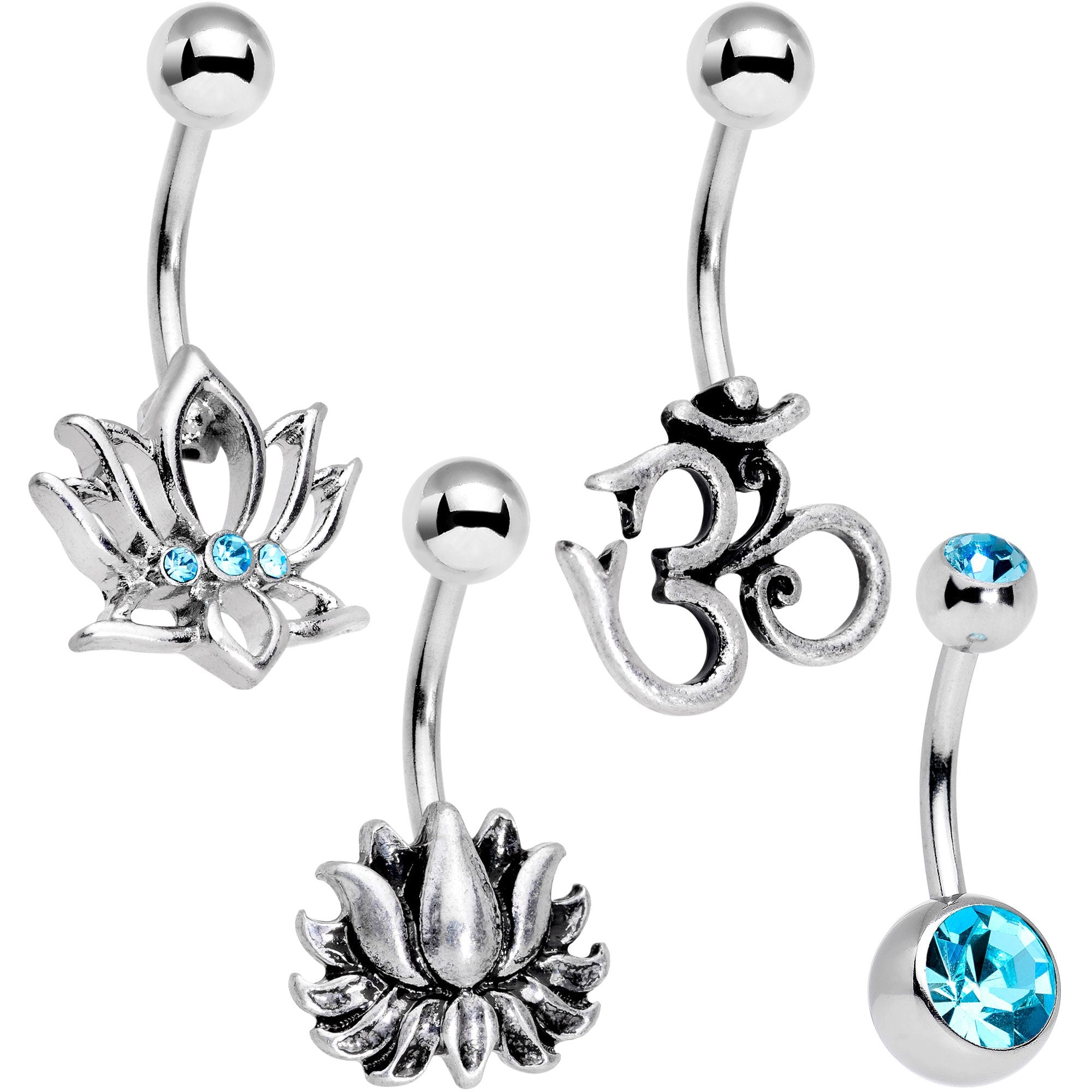 Aqua Gem Spiritual Zen Lotus Flower Belly Ring Set of 4