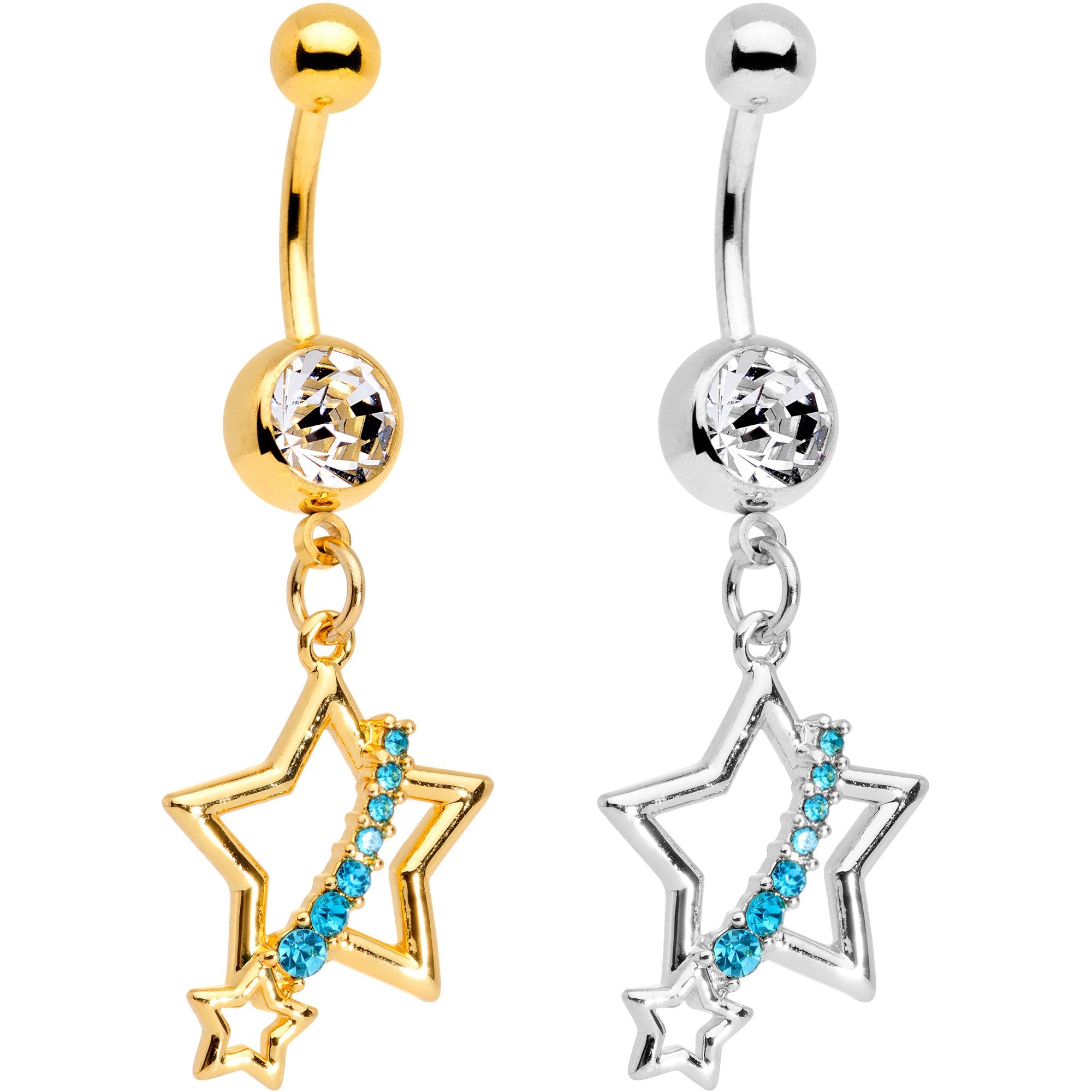 Clear Aqua Gem Gold PVD Encrusted Star Belly Ring Set of 2