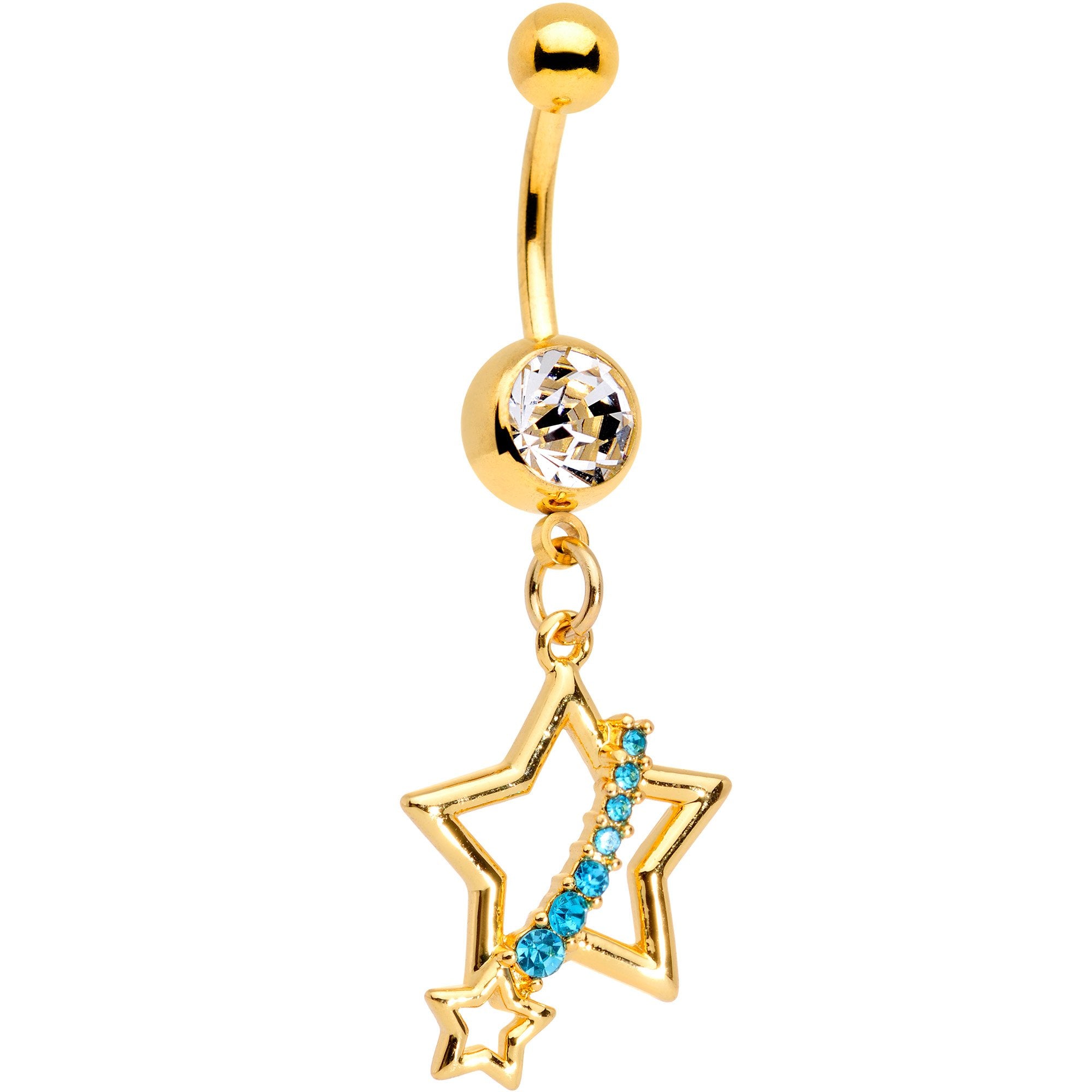 Clear Aqua Gem Gold PVD Encrusted Star Belly Ring Set of 2