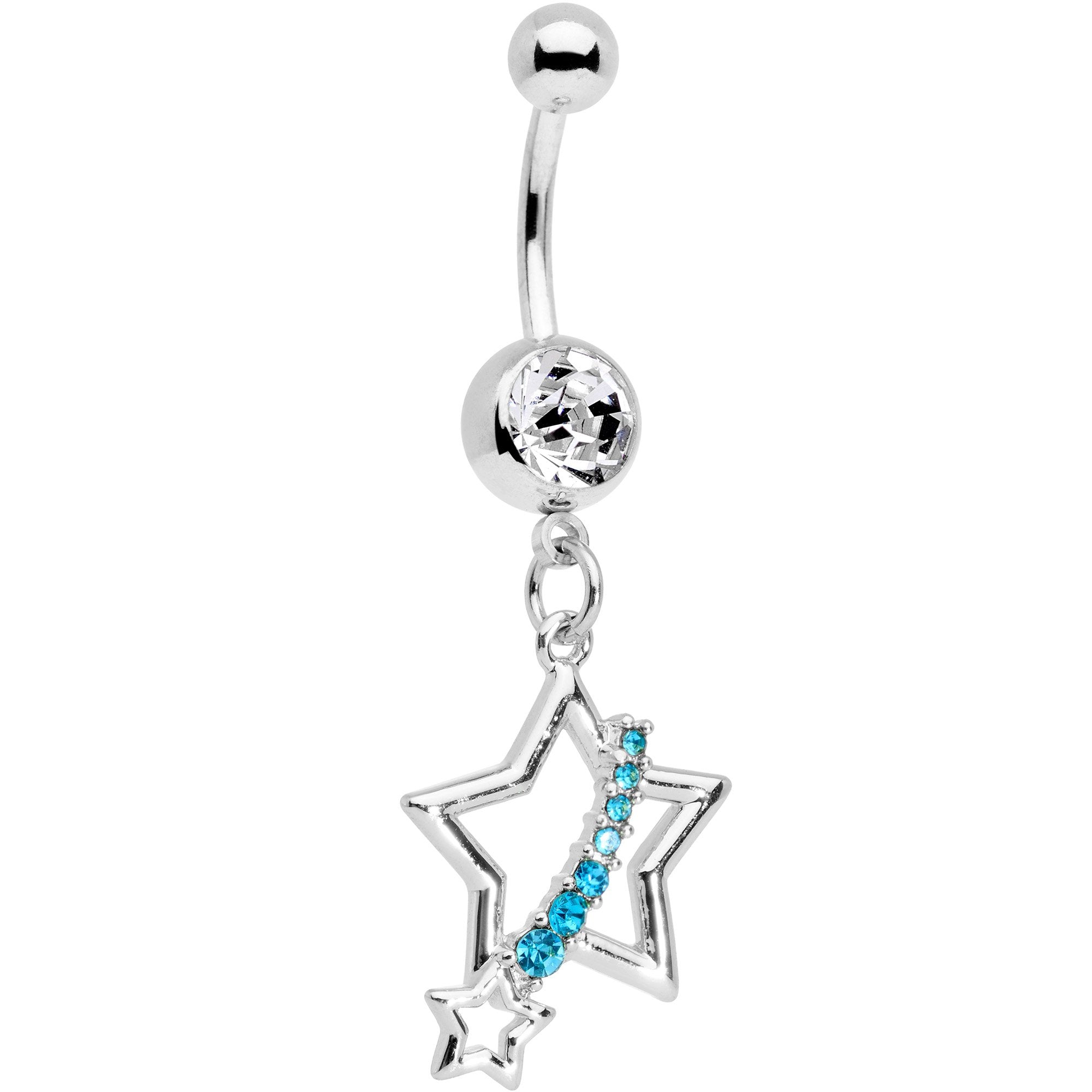 Clear Aqua Gem Gold PVD Encrusted Star Belly Ring Set of 2