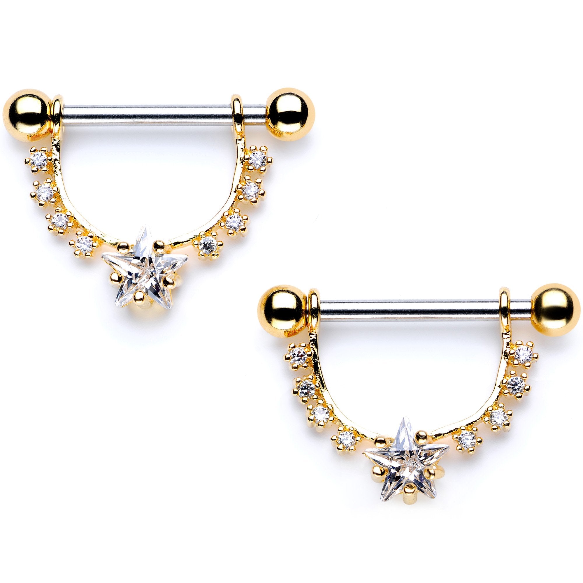 Clear CZ Gem Gold Tone Superstar Dangle Barbell Nipple Ring Set