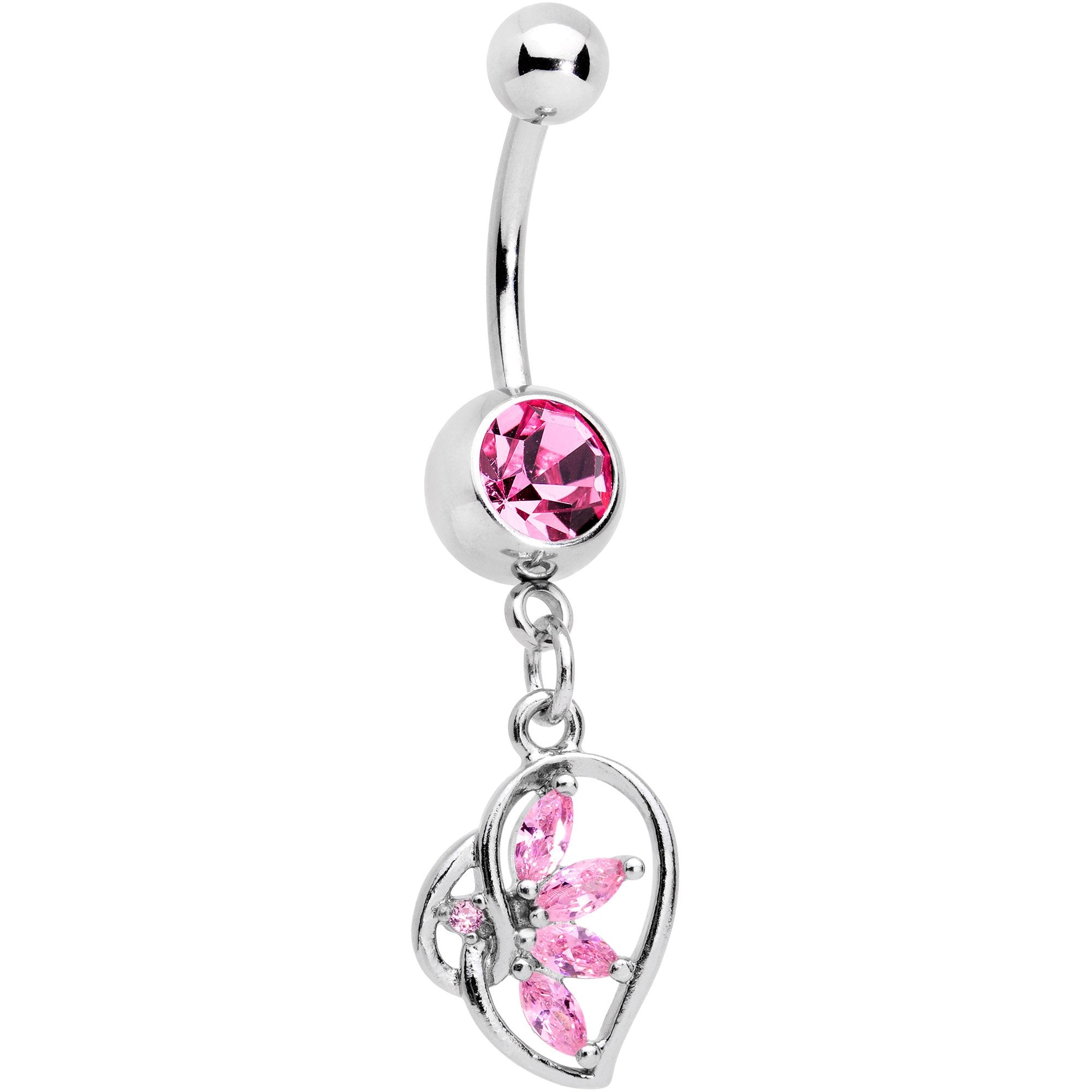 Pink CZ Gem Twisted Heart Splash Dangle Belly Ring