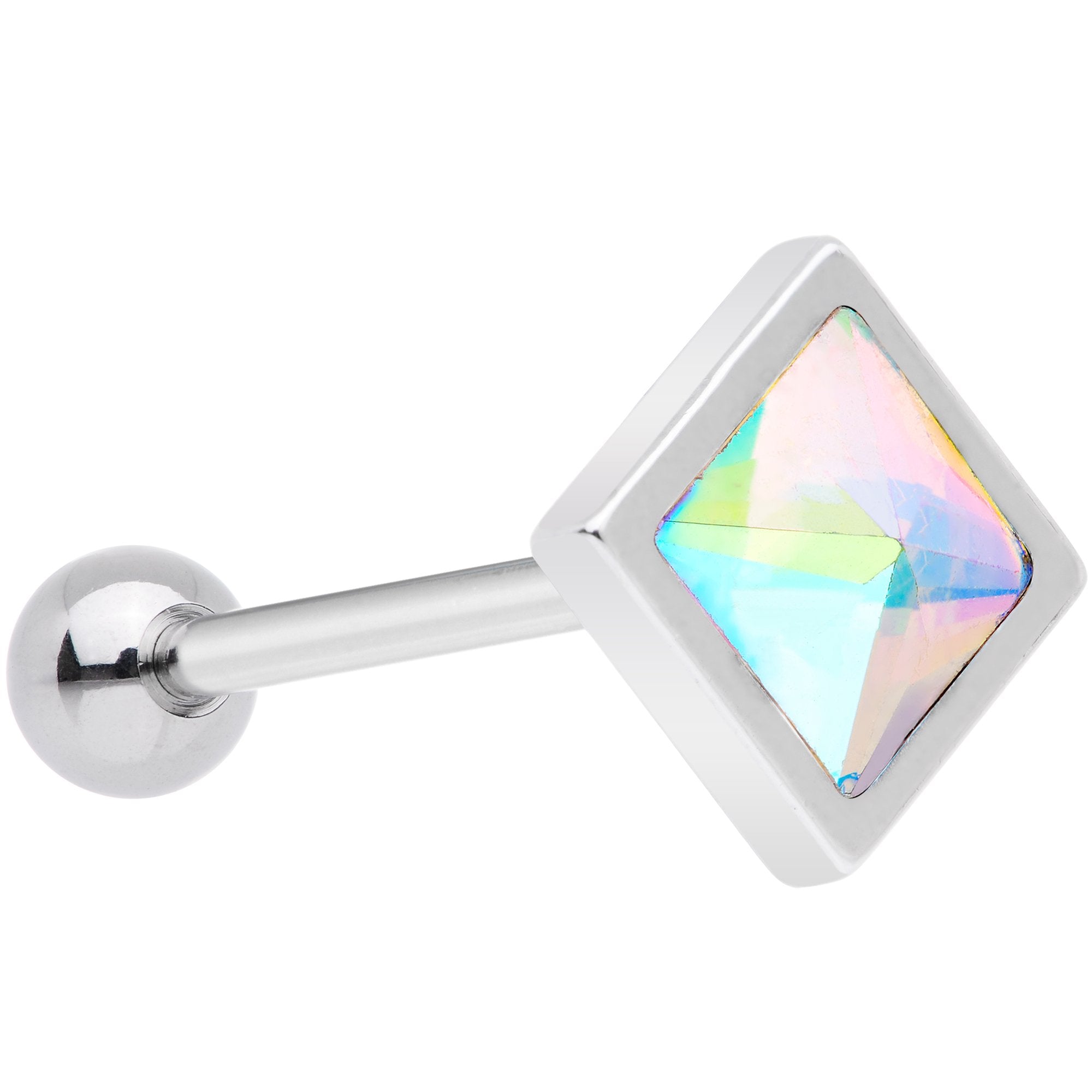 White Rainbow Gem Rhombus Barbell Tongue Ring