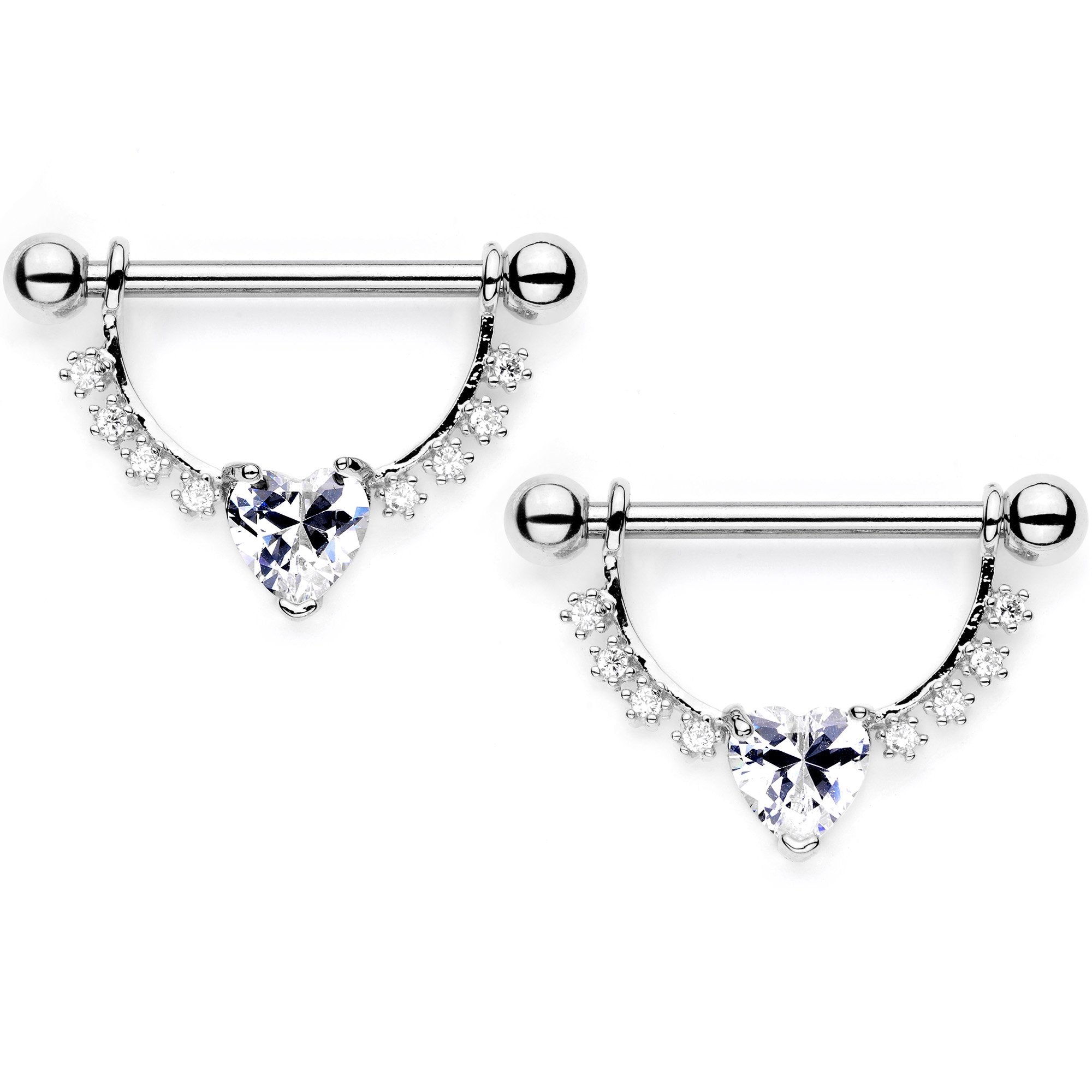 Clear CZ Gem Lacy Heart Dangle Barbell Nipple Ring Set