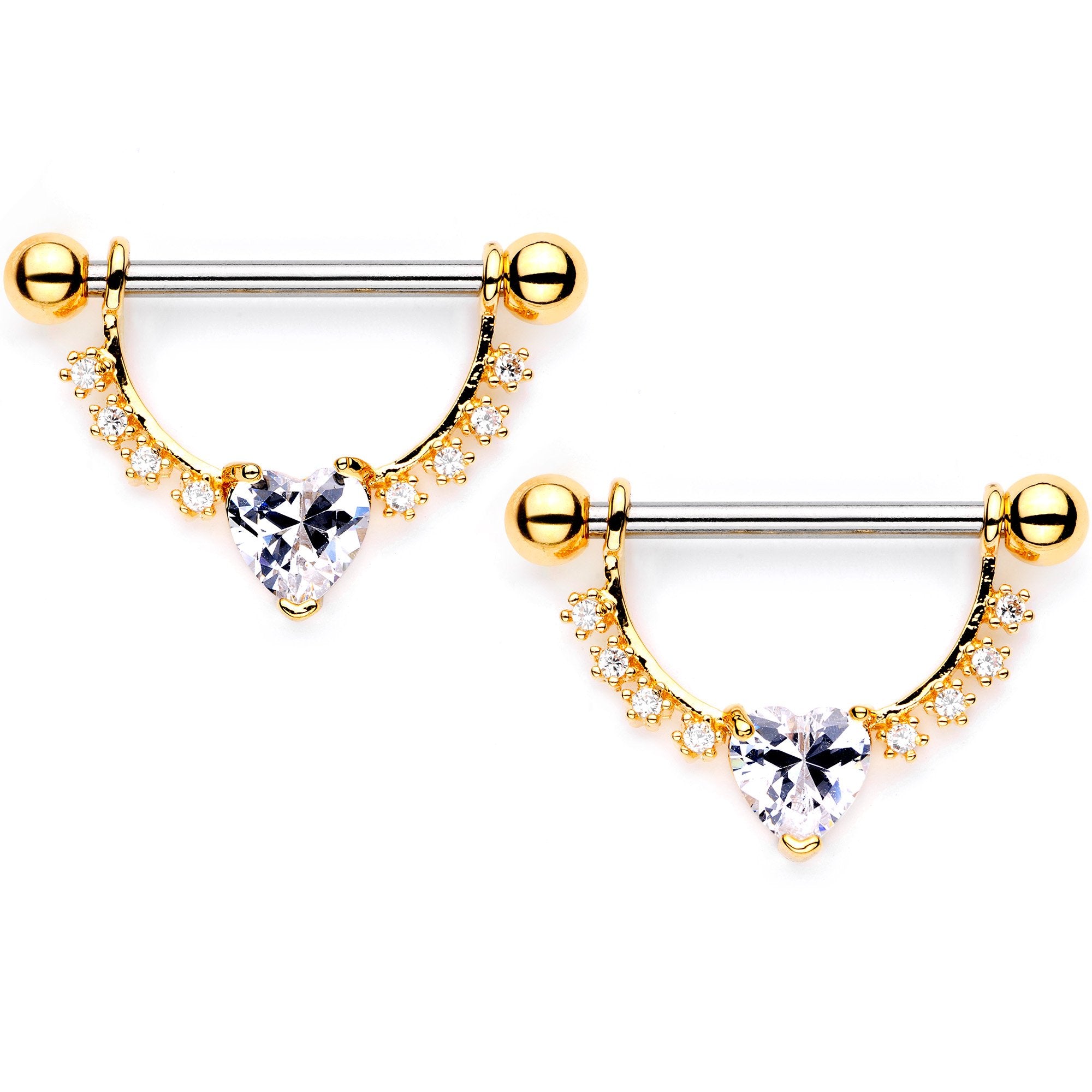 Clear CZ Gem Gold Tone Lacy Heart Dangle Barbell Nipple Ring Set