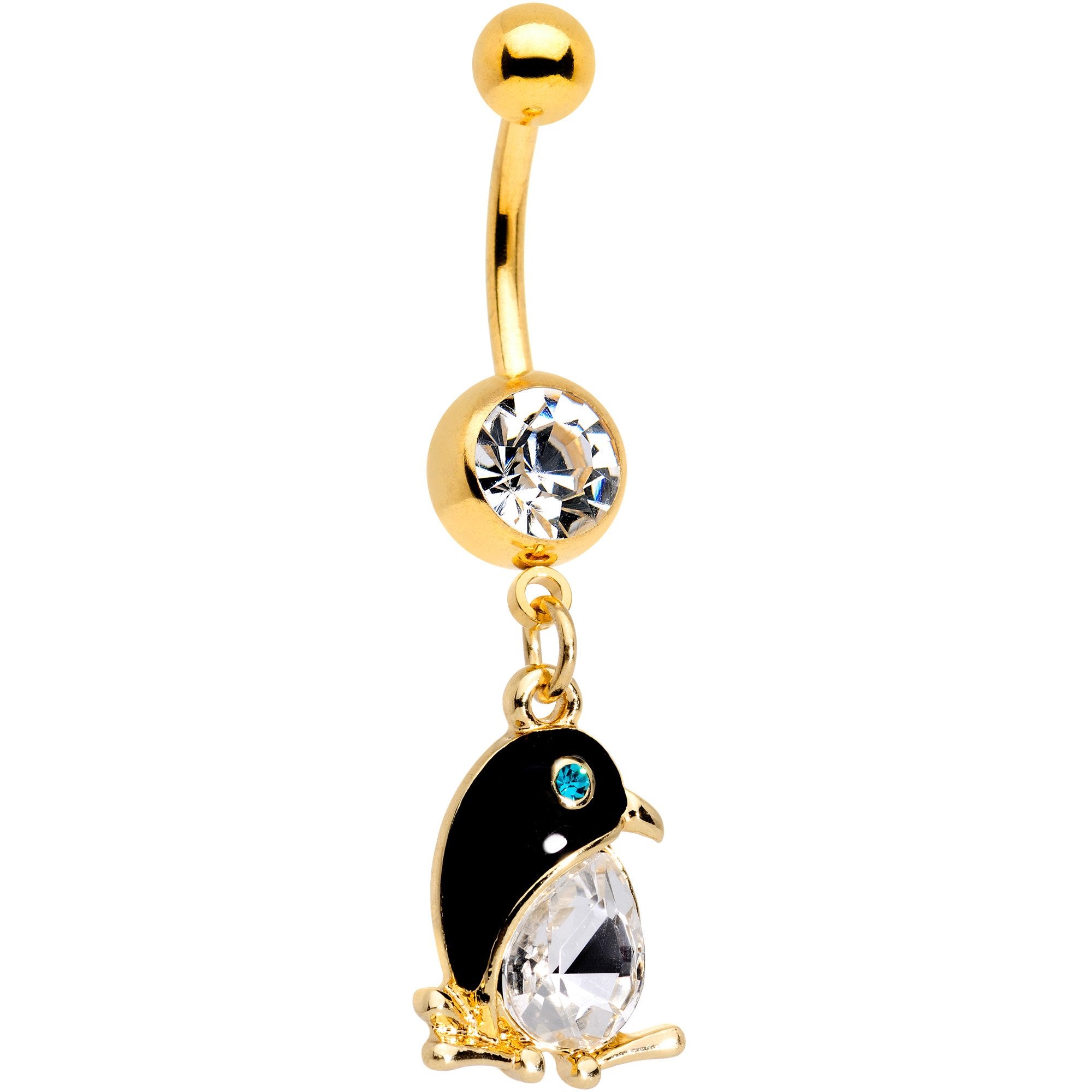 Clear Gem Gold PVD Bling Bling Penguin Dangle Belly Ring