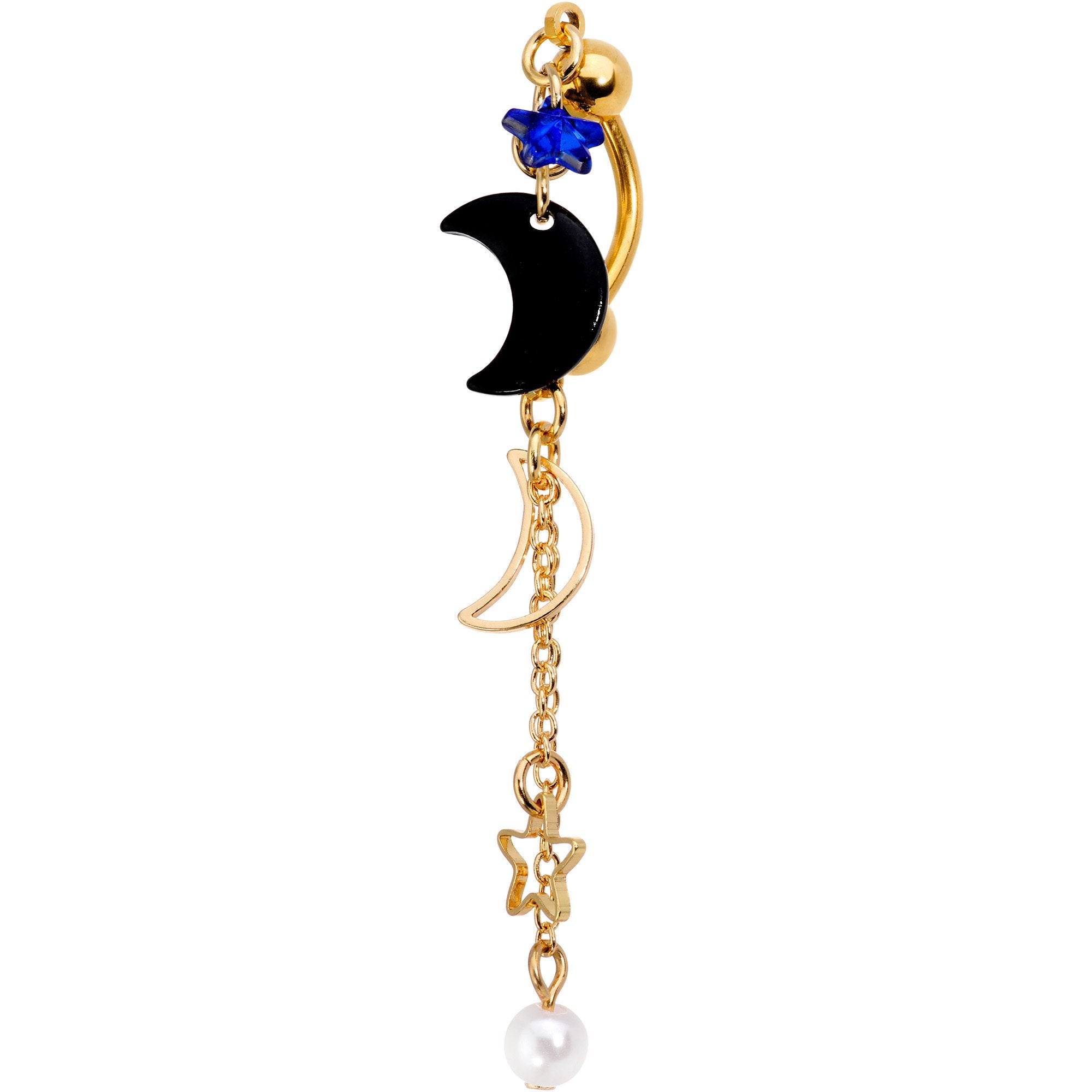 Blue Gem Star Gold PVD Cosmic Moons Top Mount Dangle Belly Ring