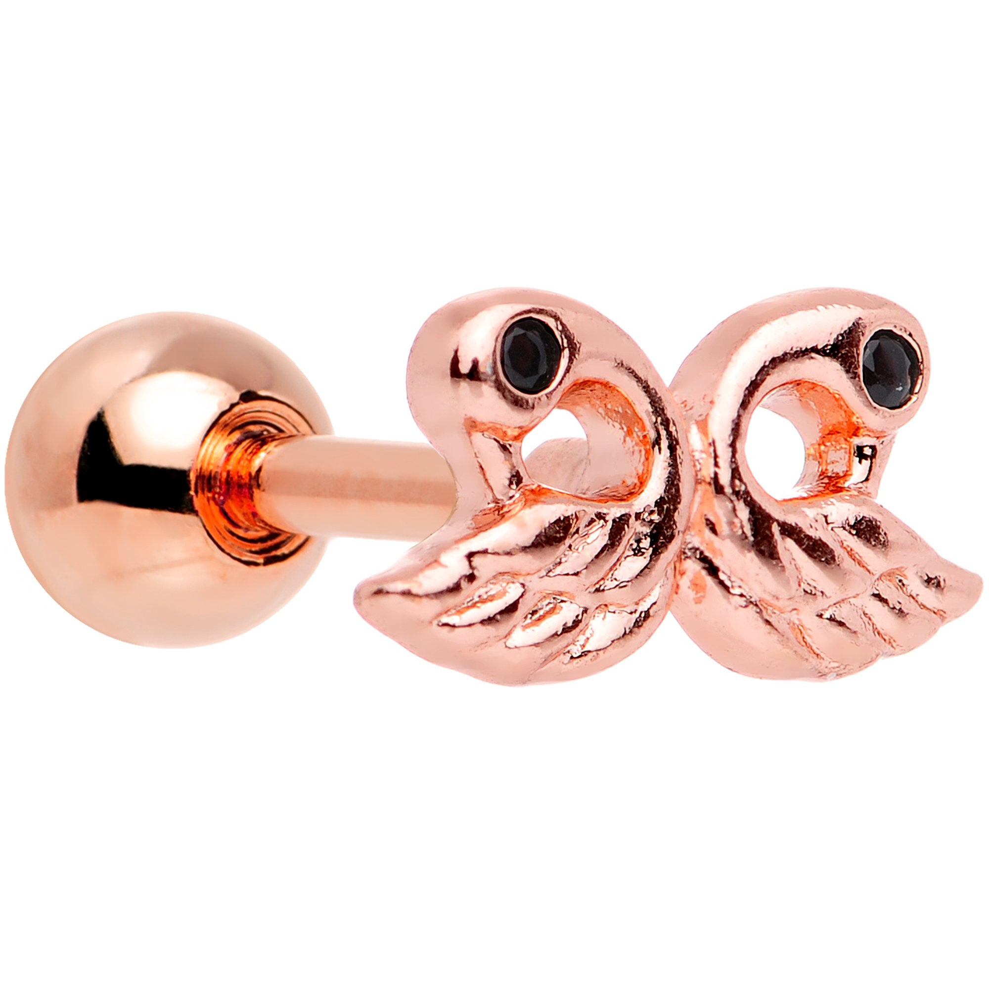 Rose Gold Plated Ruffled Feather Dual Swans Tragus Cartilage Earring