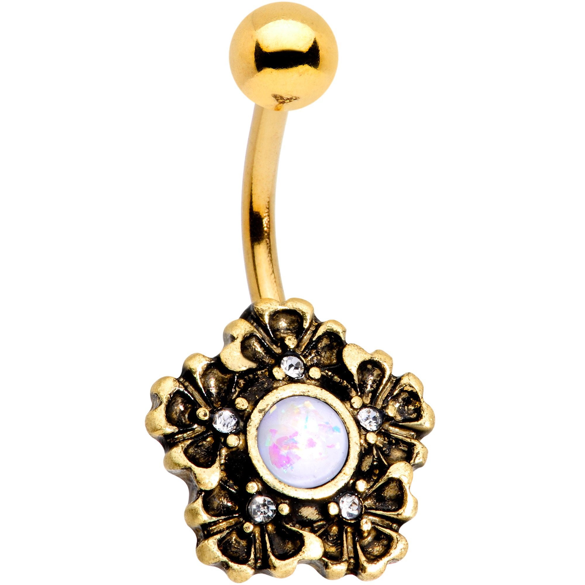 White Faux Opal Gold Plated Flower Garden Belly Ring