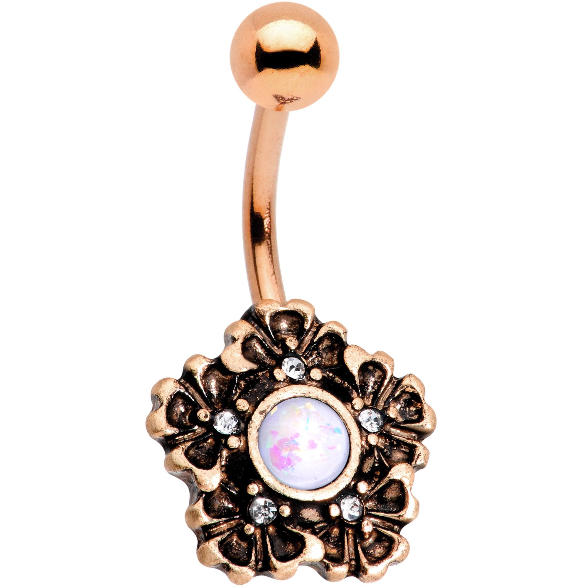 White Faux Opal Rose Gold Plated Flower Garden Belly Ring