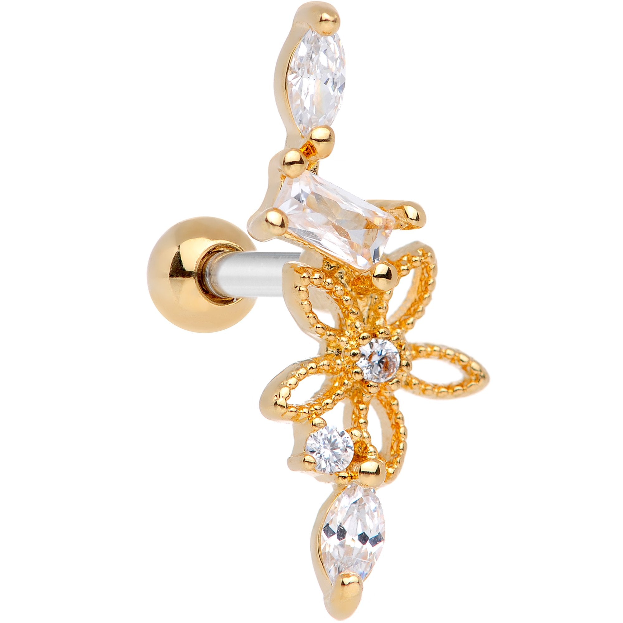 Clear CZ Gem Gold Tone Flower Cascade Cartilage Tragus Earring