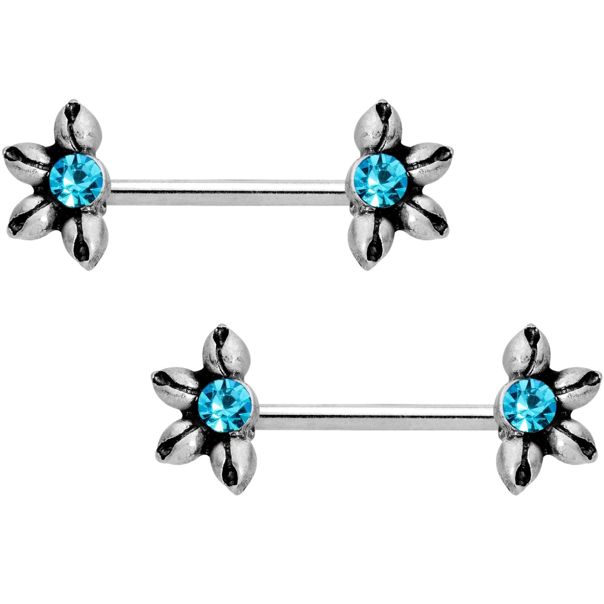 9/16 Aqua CZ Blooming Flower Barbell Nipple Ring Set