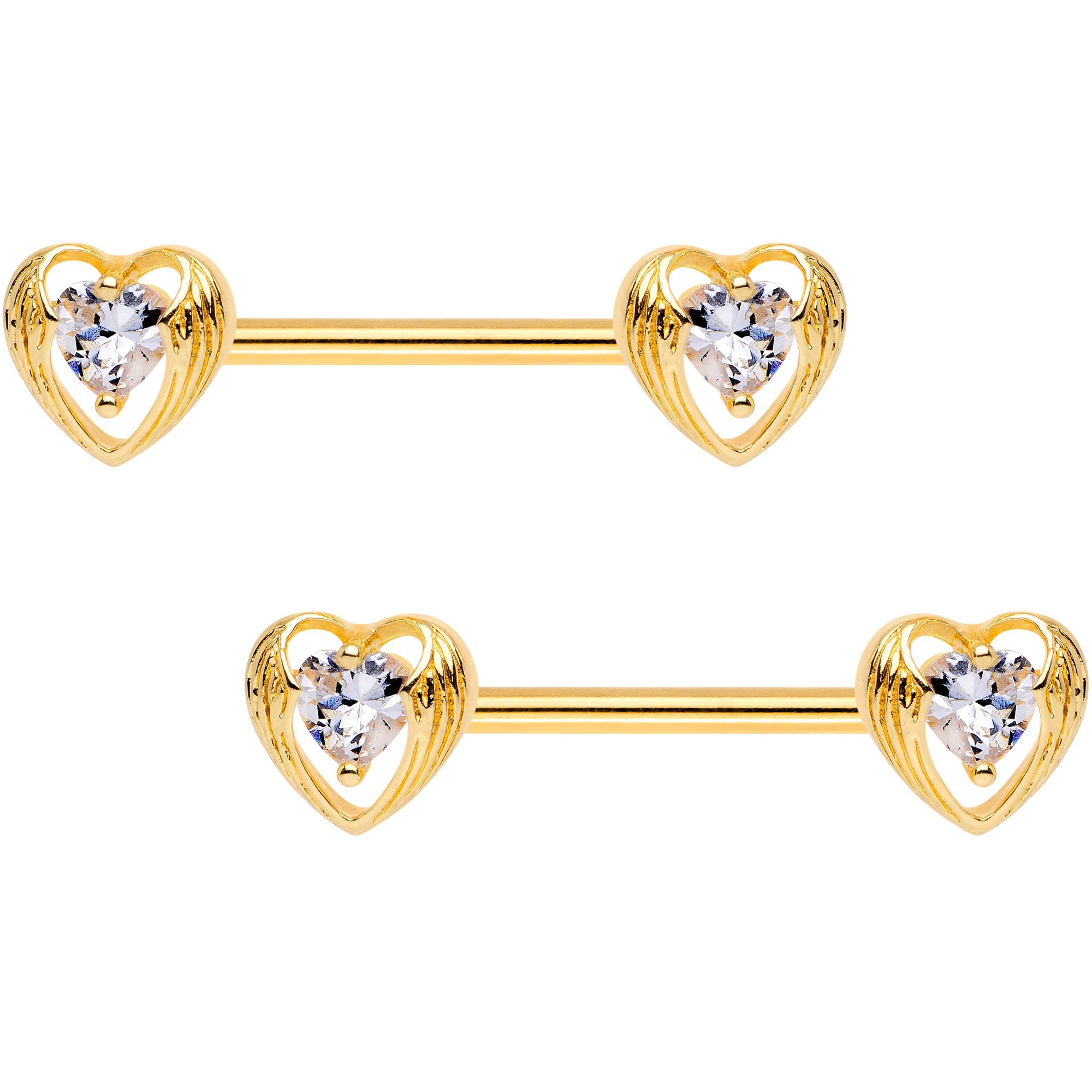 Clear CZ Gold Tone Anodized Hugged Heart Barbell Nipple Ring Set