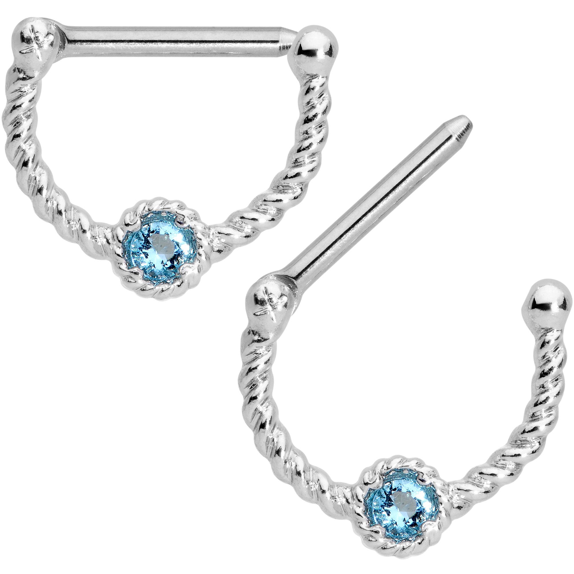 14 Gauge 7/16 Aqua Gem Twisted Nipple Clicker Set