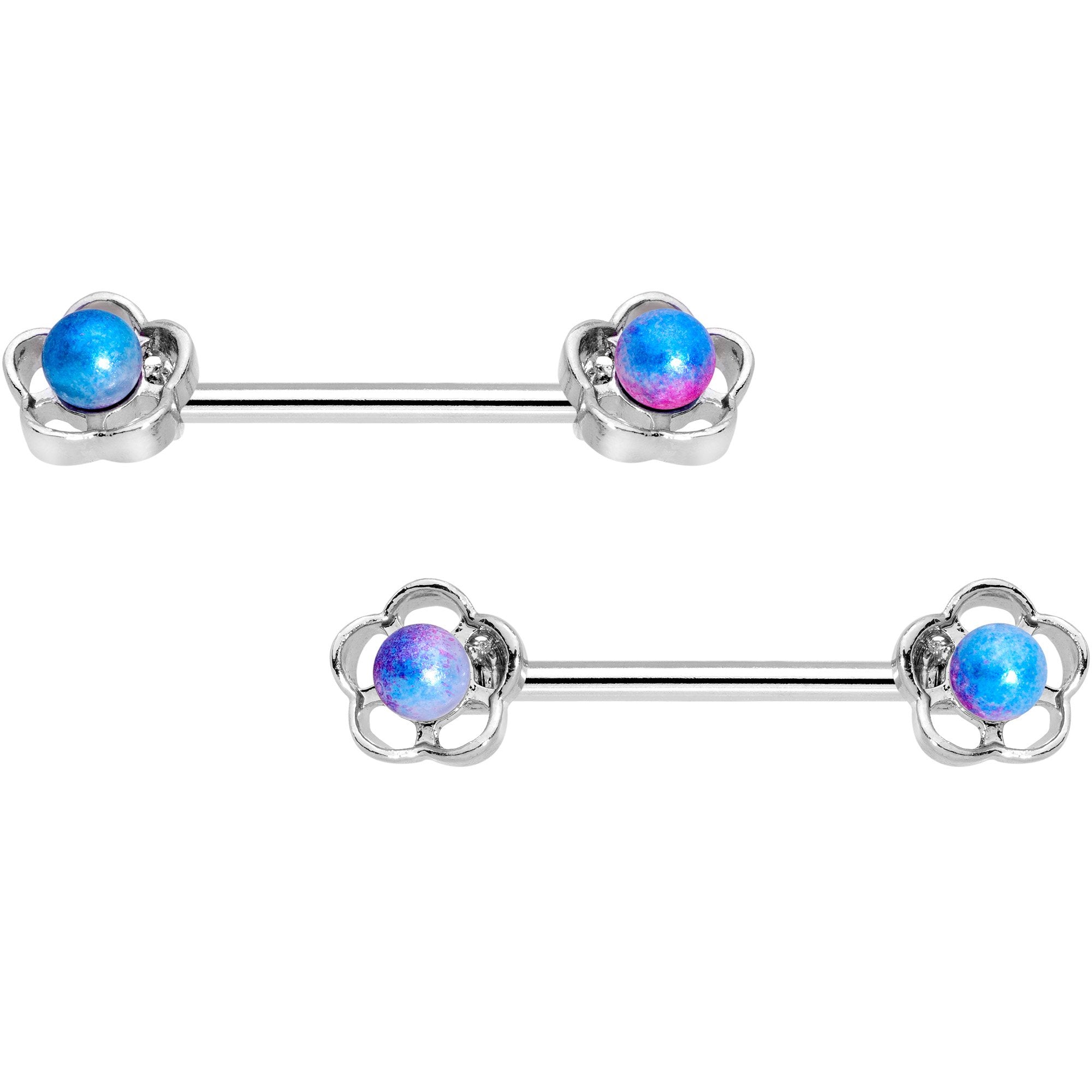 Aqua Purple Fade Orb Hollow Flower Barbell Nipple Ring Set