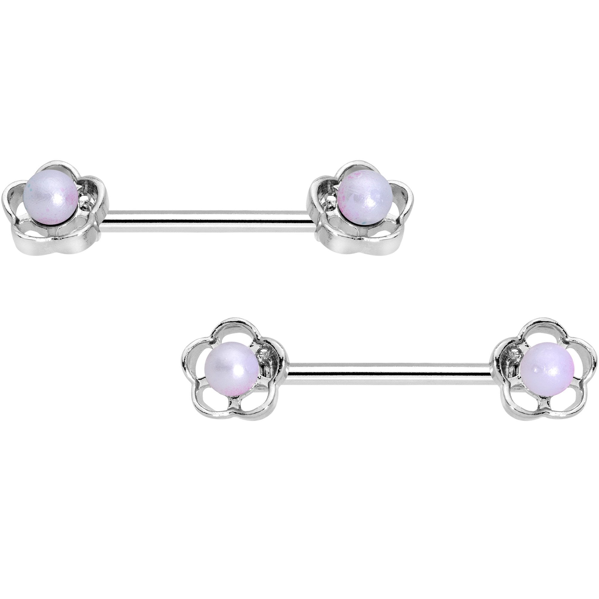 9/16 White Orb Hollow Flower Barbell Nipple Ring Set