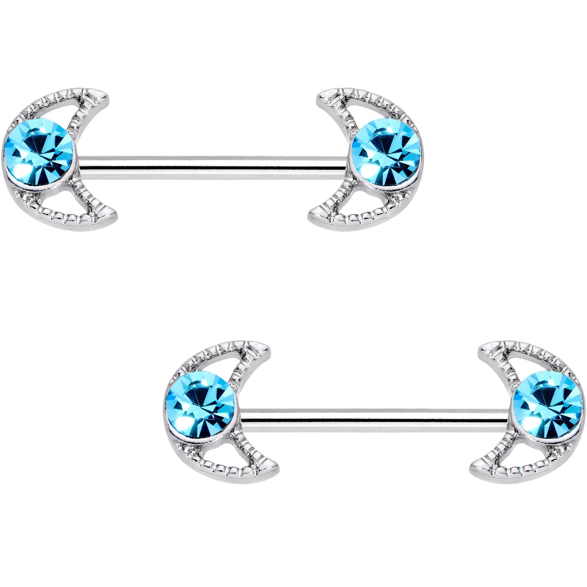 9/16 Aqua Gem Hollow Moon Barbell Nipple Ring Set