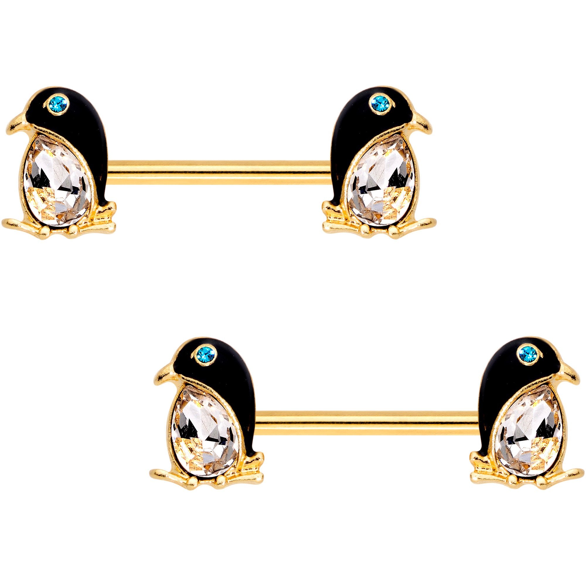 Clear Gem Gold PVD Bling Bling Penguin Barbell Nipple Ring Set