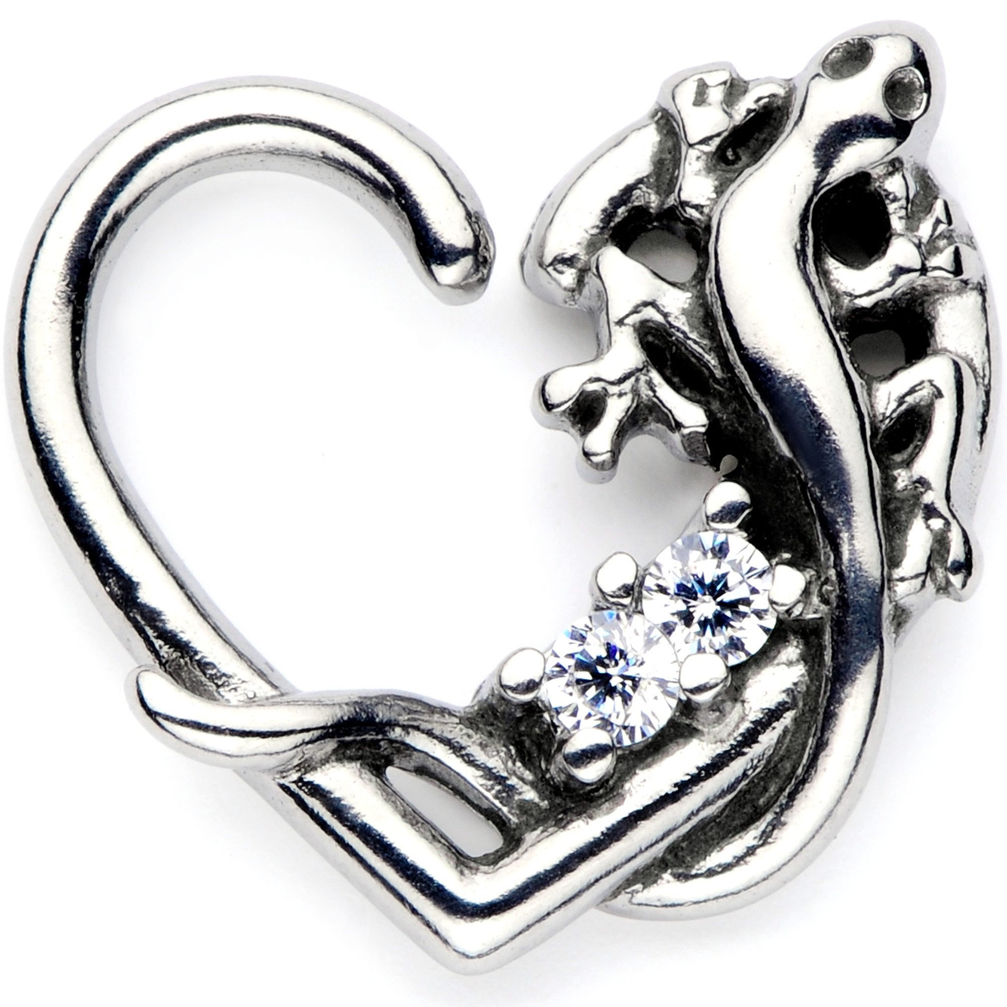 16 Gauge 3/8 Clear CZ Gem Lovely Lizard Left Heart Closure Ring