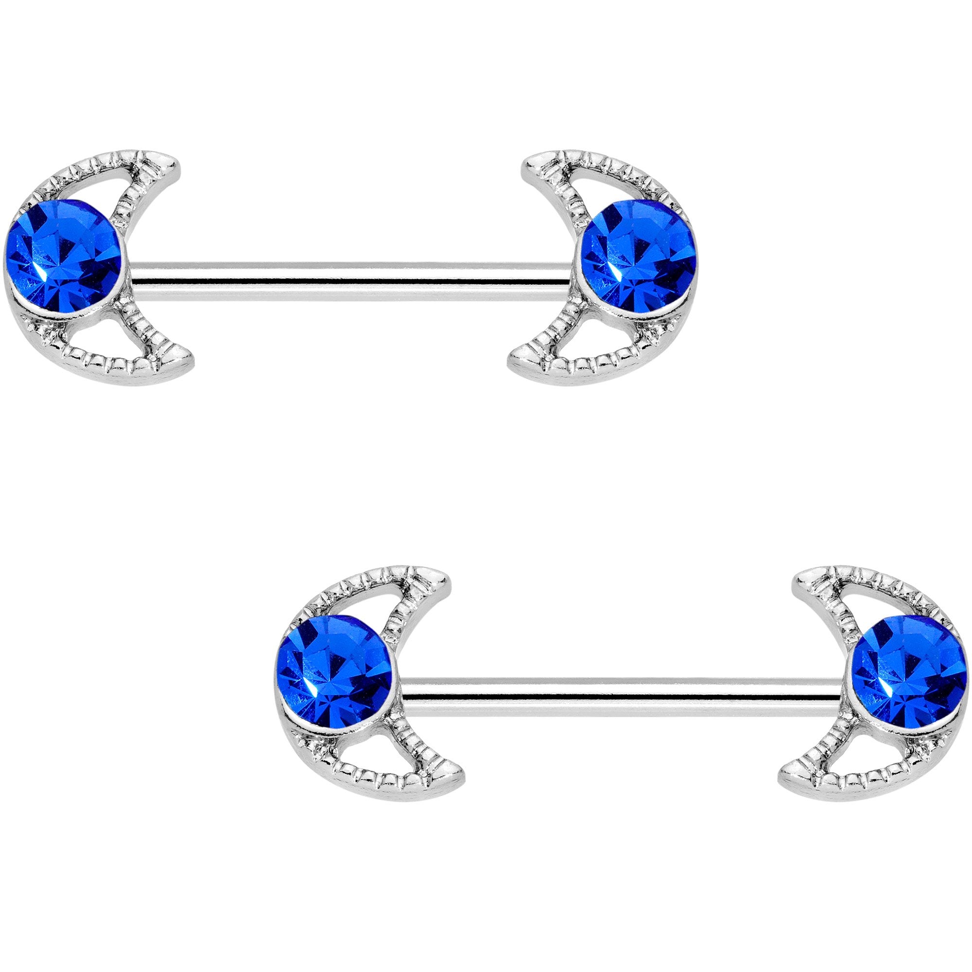 9/16 Blue Gem Hollow Moon Barbell Nipple Ring Set